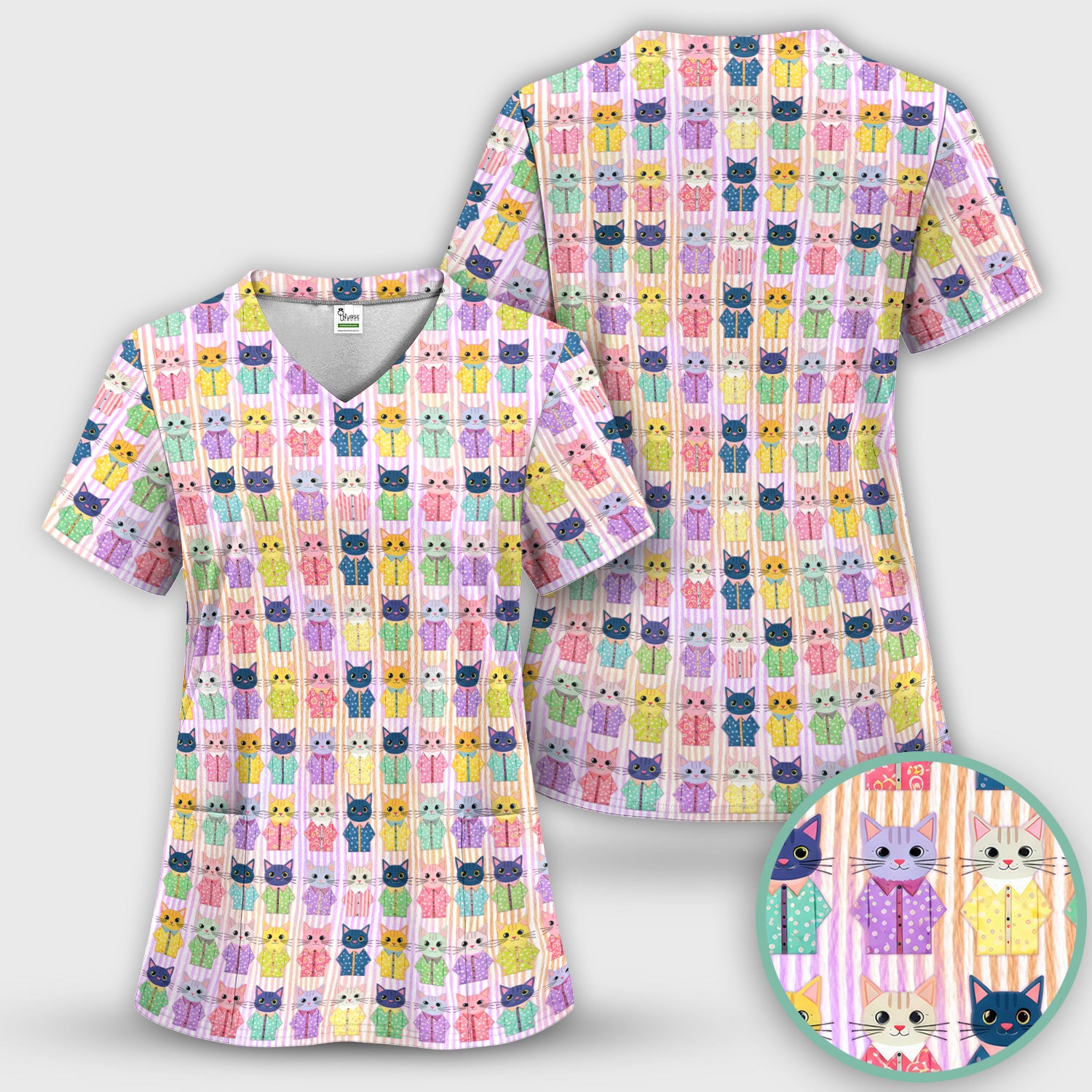 Cute Cat Pajama Pattern Scrub Top, Soft Nursing Workwear Top