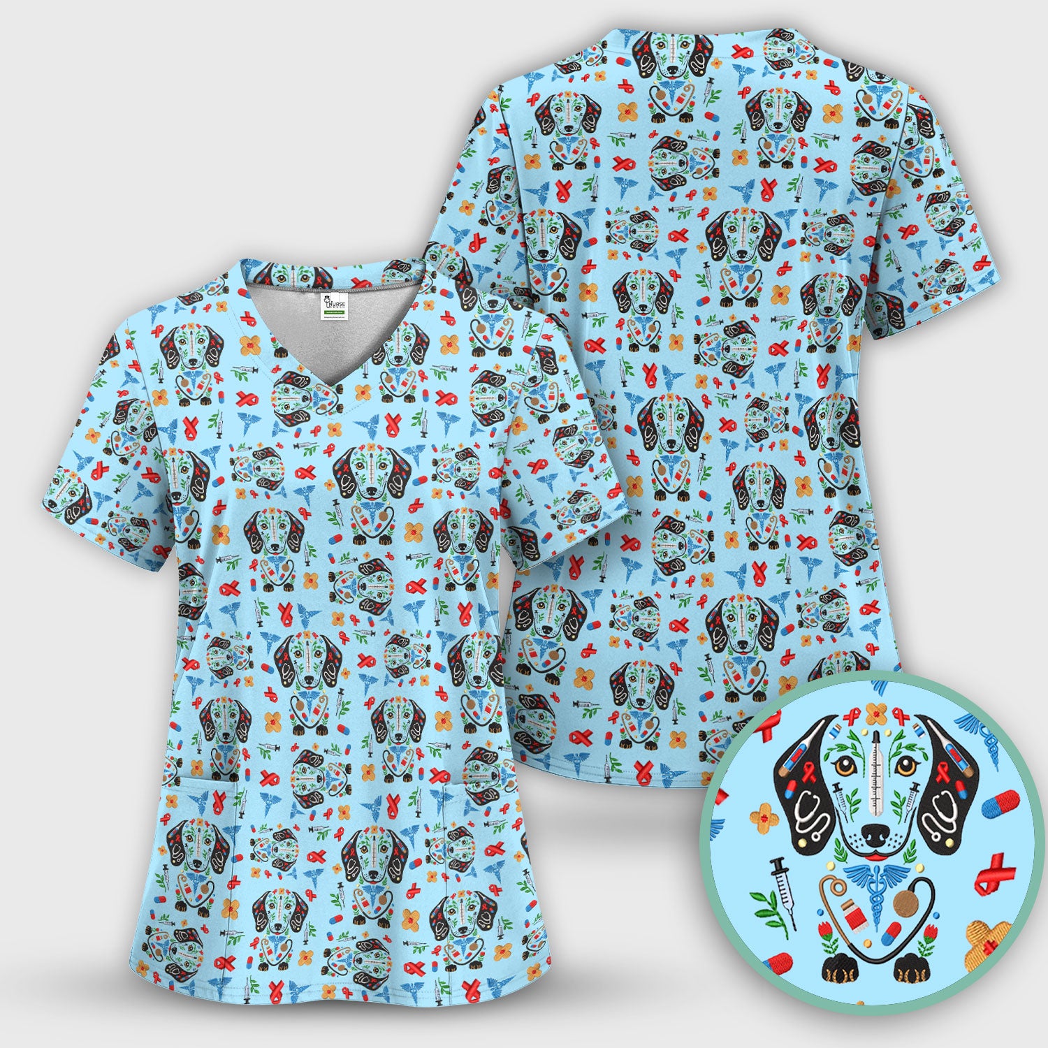 Dachshund Medical Icon Pattern Scrub Top, Comfortable Scrubs for Nurses