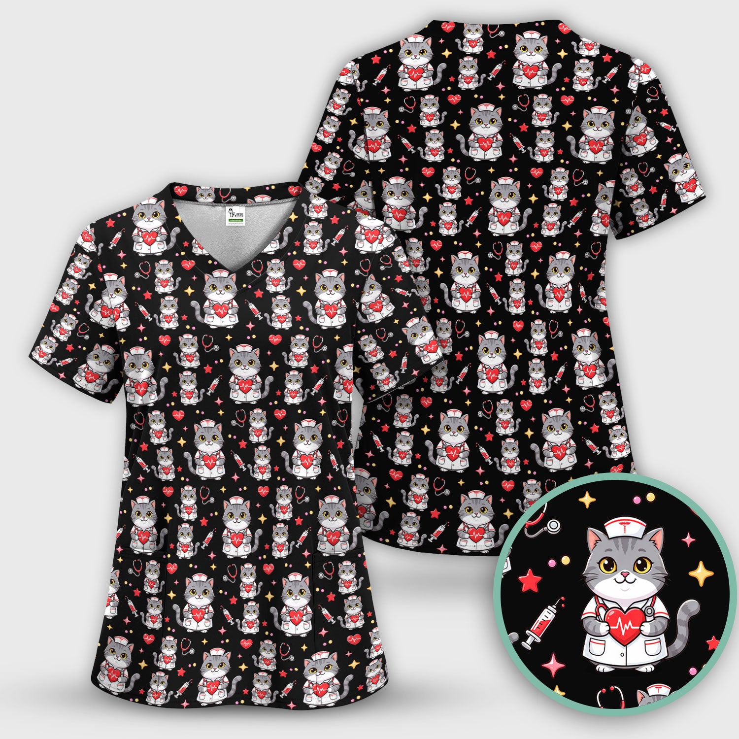 Cute Nurse Cat Heart Medical Print Scrub Top, Comfortable Scrubs for Nurses