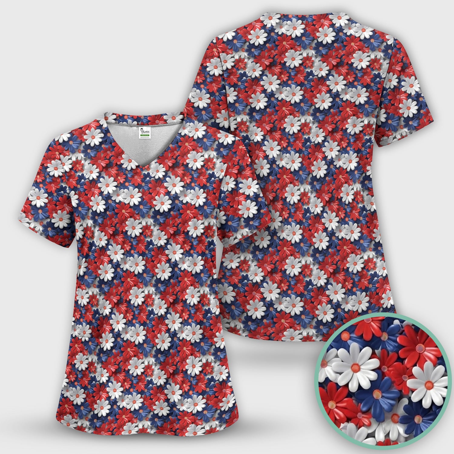 Festive Patriotic Daisy Bloom Pattern Scrub Set, Scrub Pants and V Neck Top