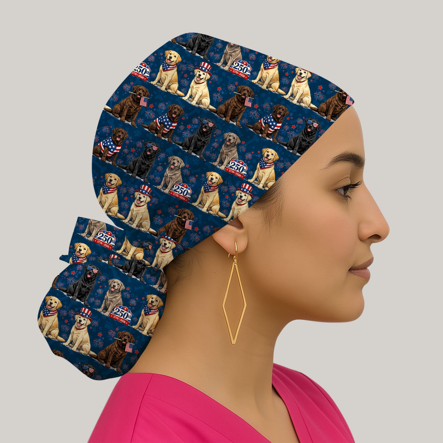 4th of July Labrador Dog Patriotic Print Cap, Bouffant Scrub Caps for Women
