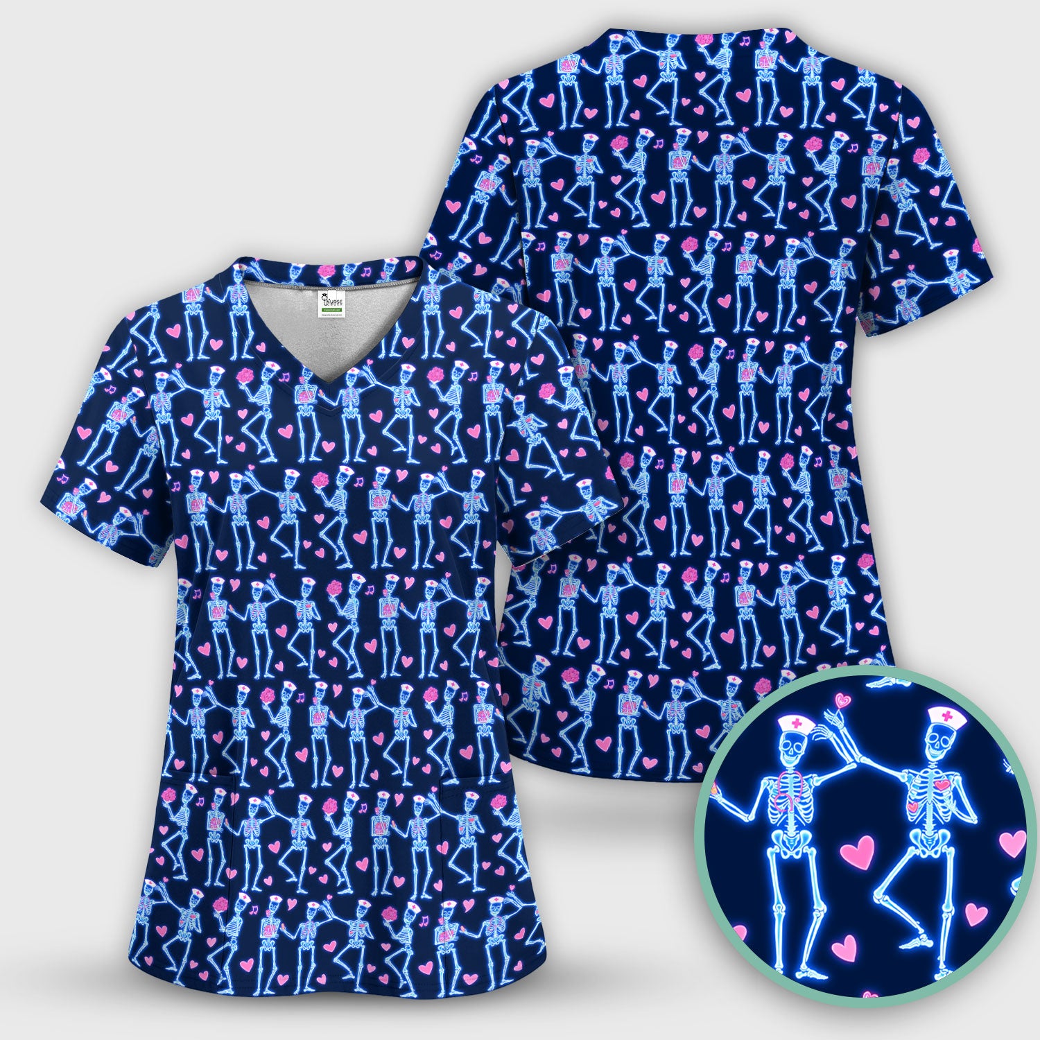 Skeleton Nurse Heart Pattern Scrub Sets, Playful Nurse Style, Scrub Pants and V Neck Top