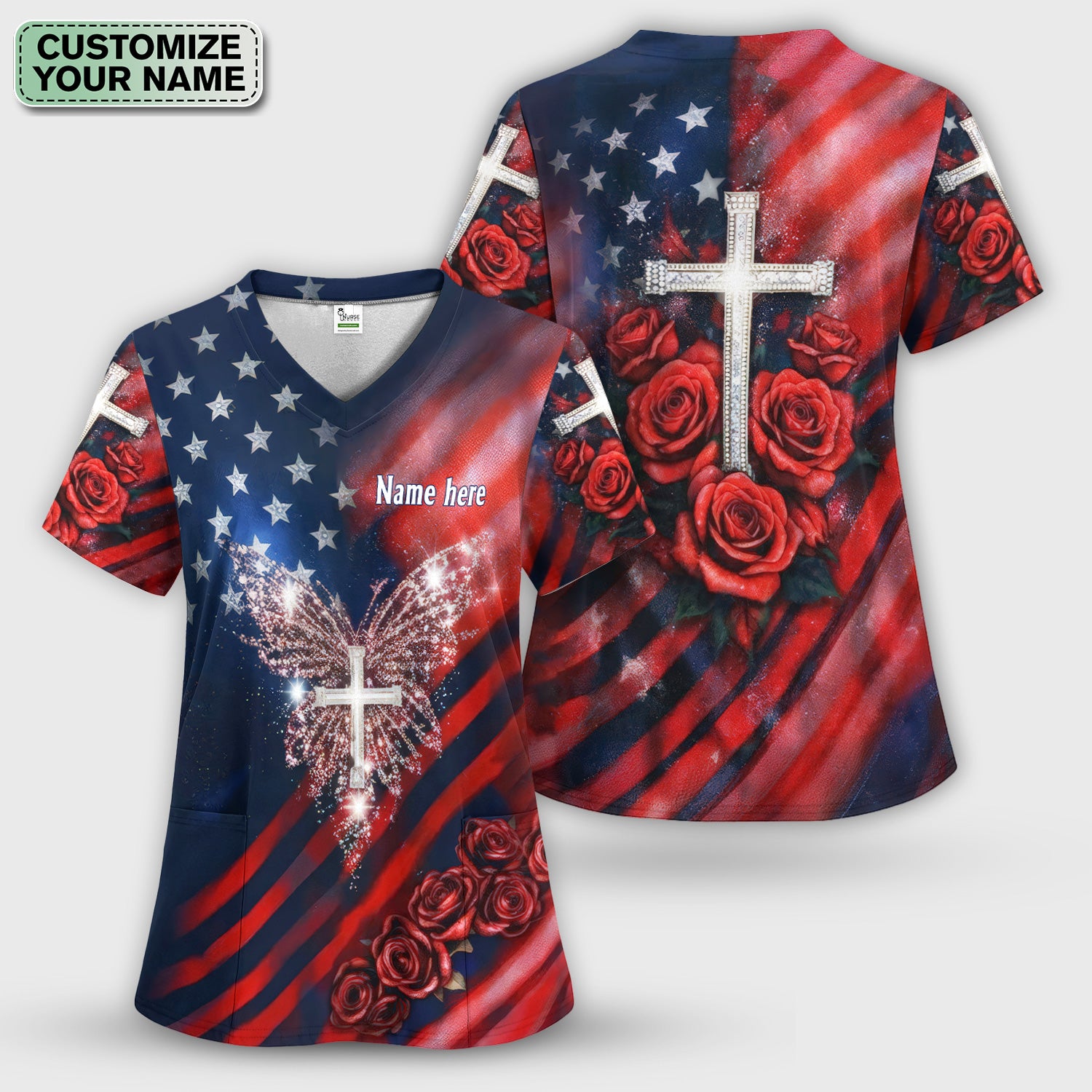 Custom Name Patriotic Cross Butterfly Rose Print Scrub Set, Scrub Pants and V Neck Top