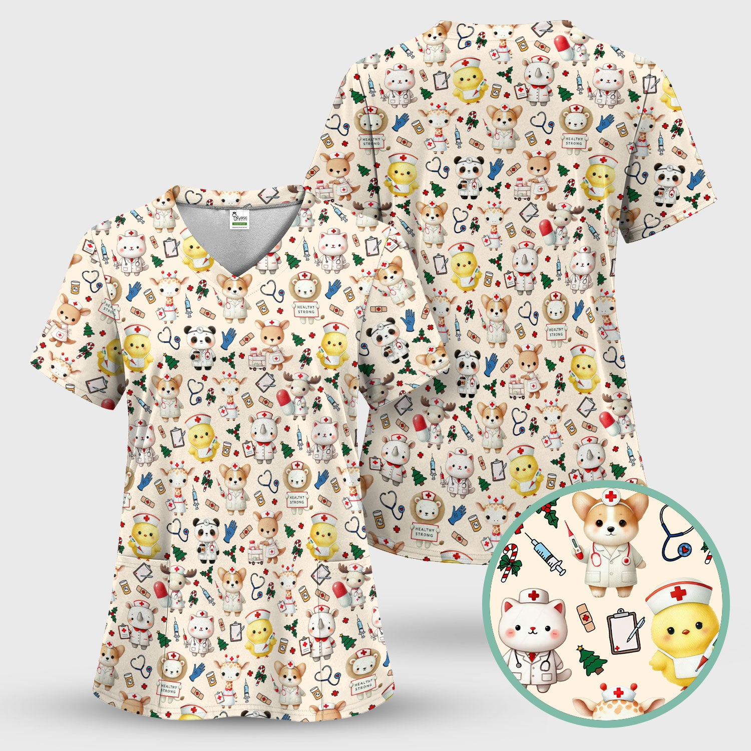 Comfortable Scrubs for Nurses - Pediatric Scrub Tops - Breathable Fabrics Nursing Uniform - Adorable Puppy Cat Bear Print