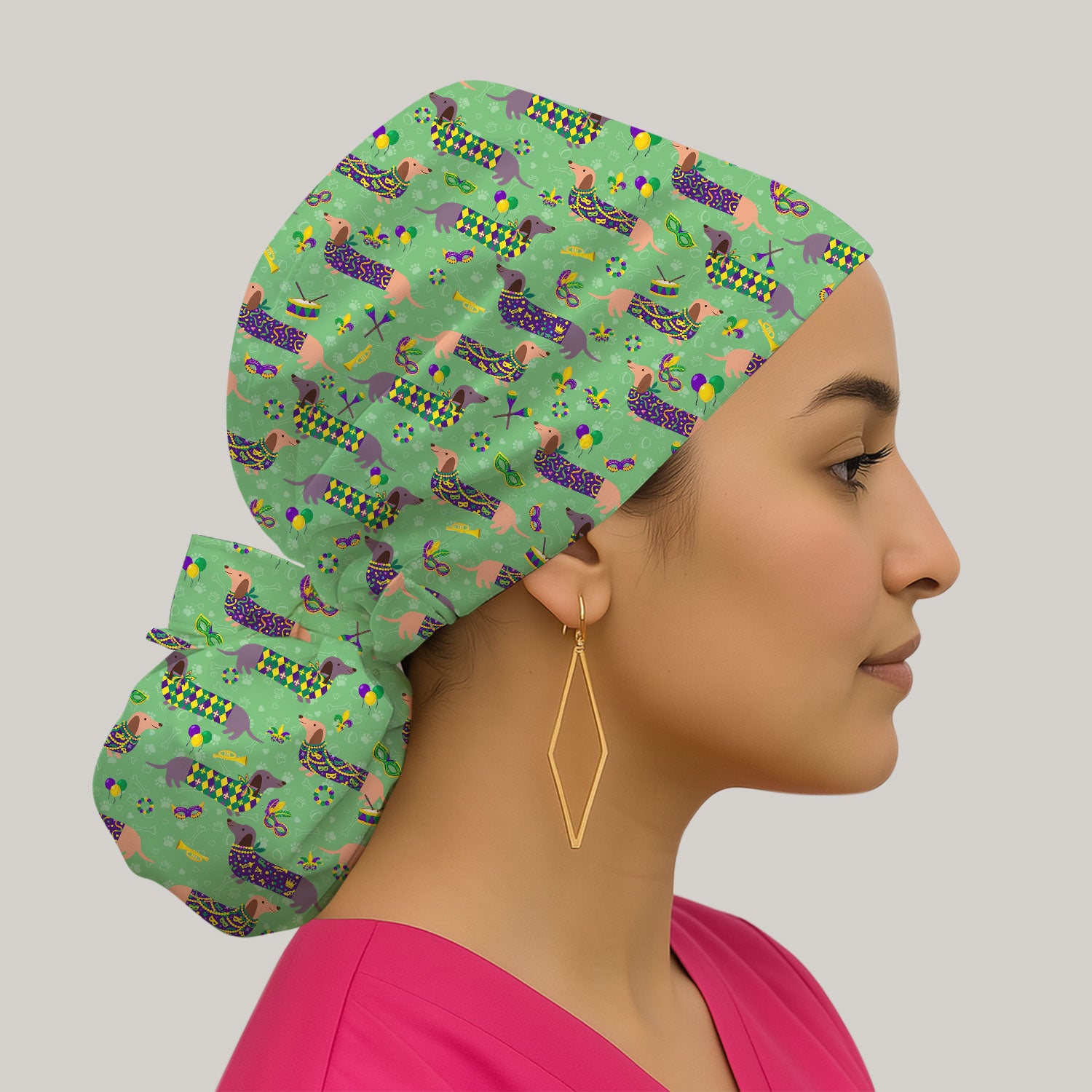 Mardi Gras Dachshund Nurse Scrub Cap, Wiener Dog Holiday Pattern Nurses Hat, Comfortable Uniform Scrubs For Nursing