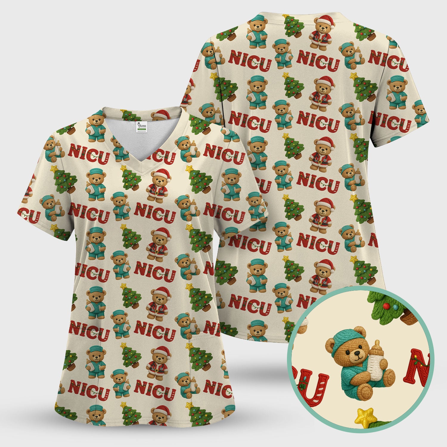 Festive Christmas NICU Nurse Teddy Bear Pattern Scrub Set, Breathable Med Uniform