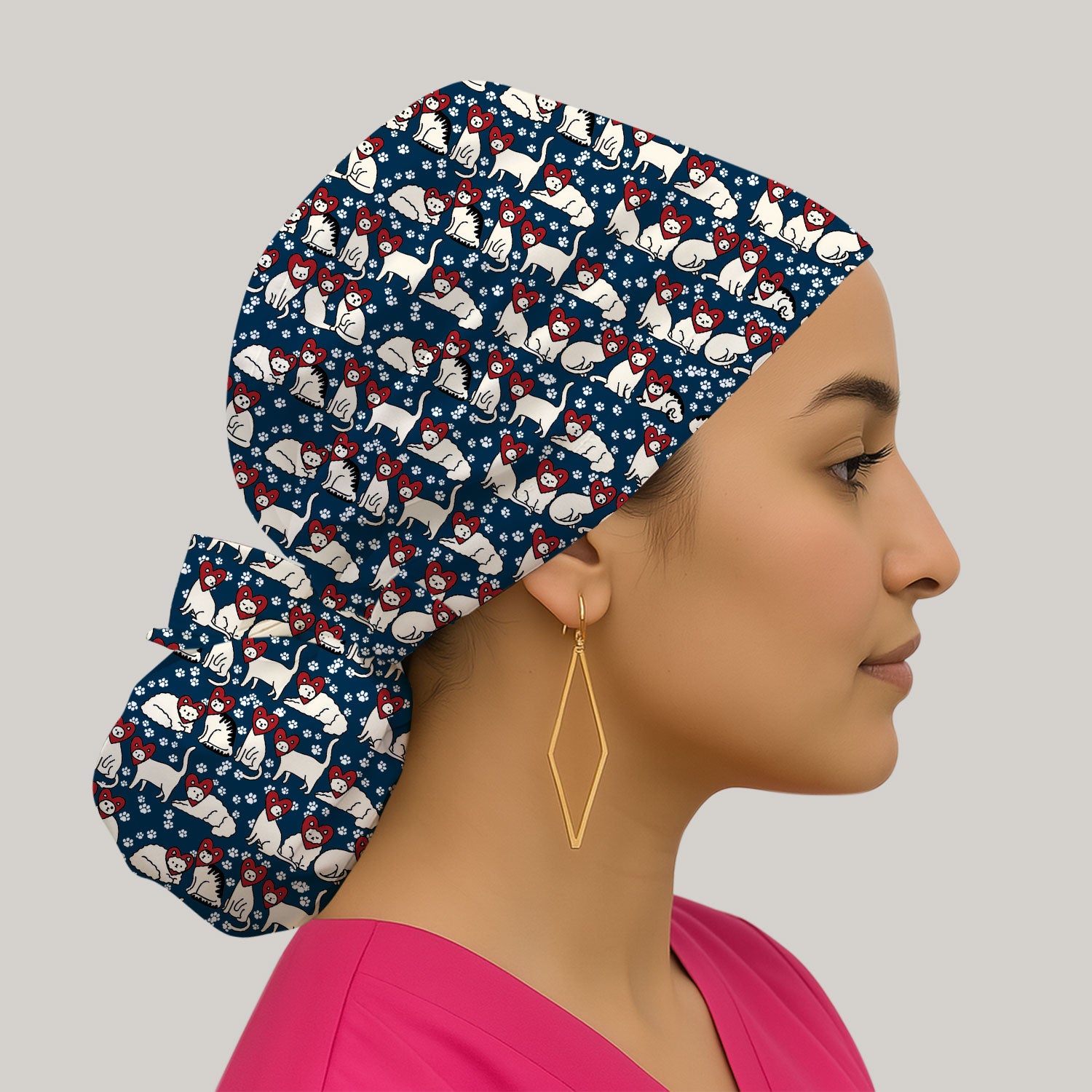 Cute Cat Heart Pattern Scrub Cap, Funny Cat Scrub Hat For Nurses, Breathable Fabrics Nursing Uniform