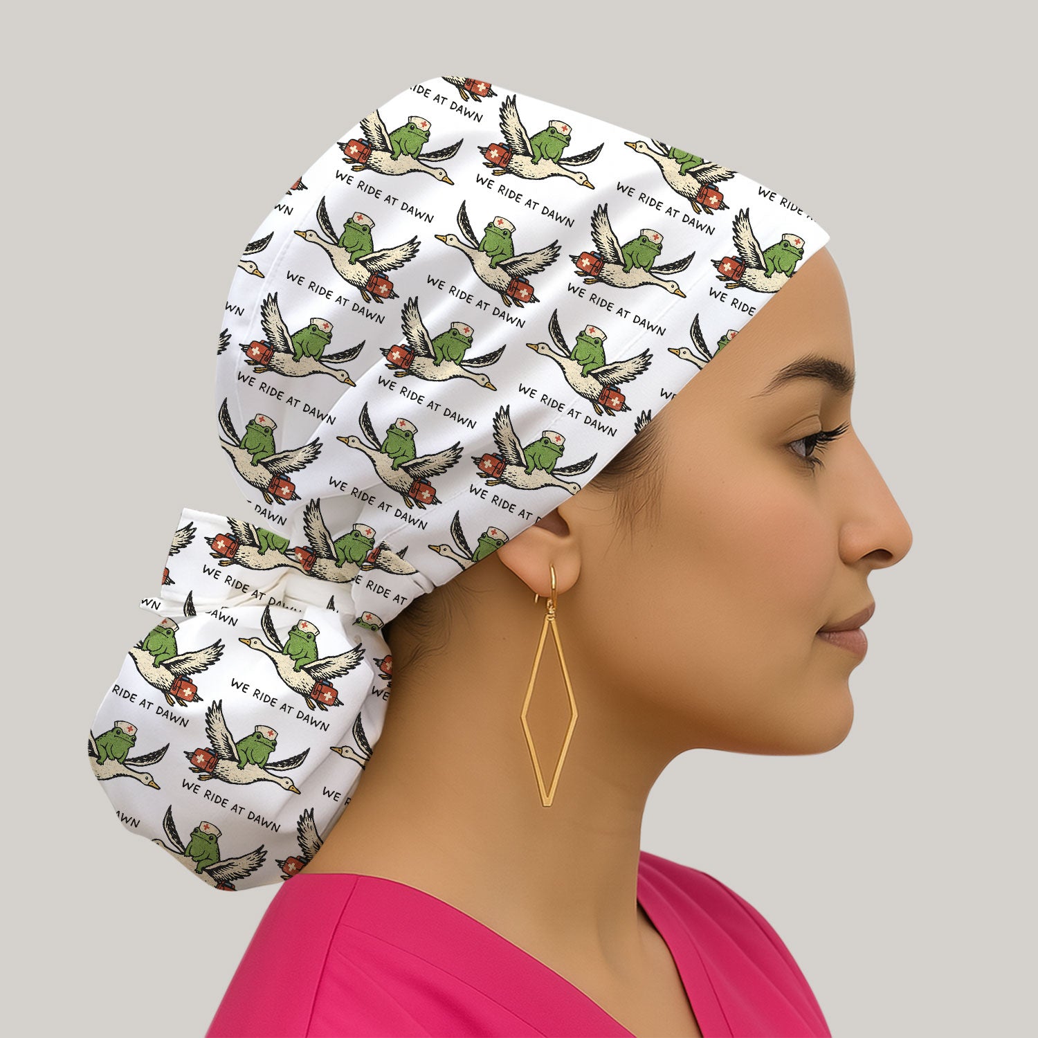 Funny Frog Riding Goose Nurse Pattern Cap, Bouffant Scrub Caps for Women