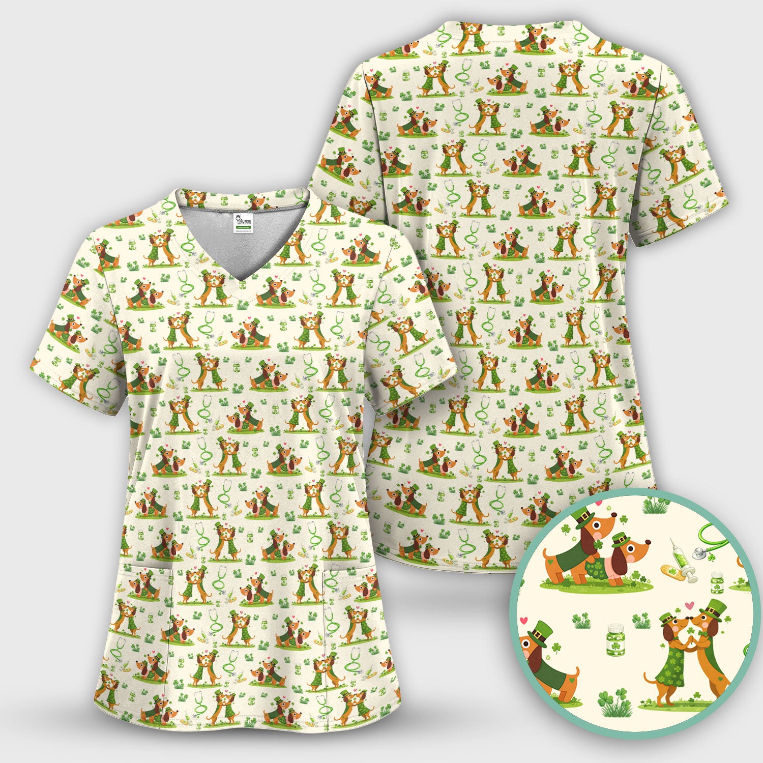 Valentine Cute Dachshund Nurse Set, Dog Heart Pattern, Breathable Nursing Uniform
