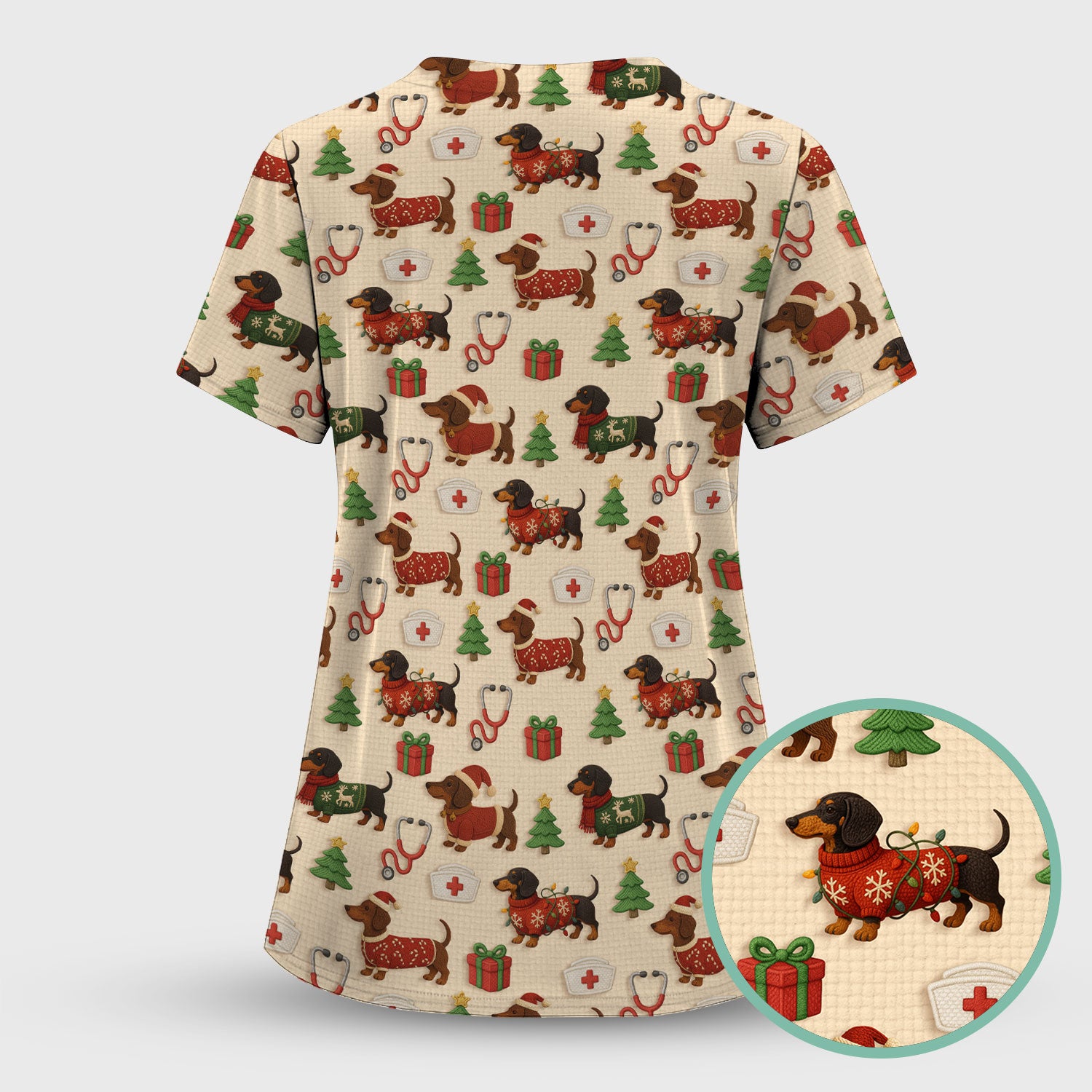 Christmas Nurse Scrubs for Women - Cute Dachshund Dog Print with Holiday Gifts & Trees - Custom Multi Color Nursing Shirt Gift