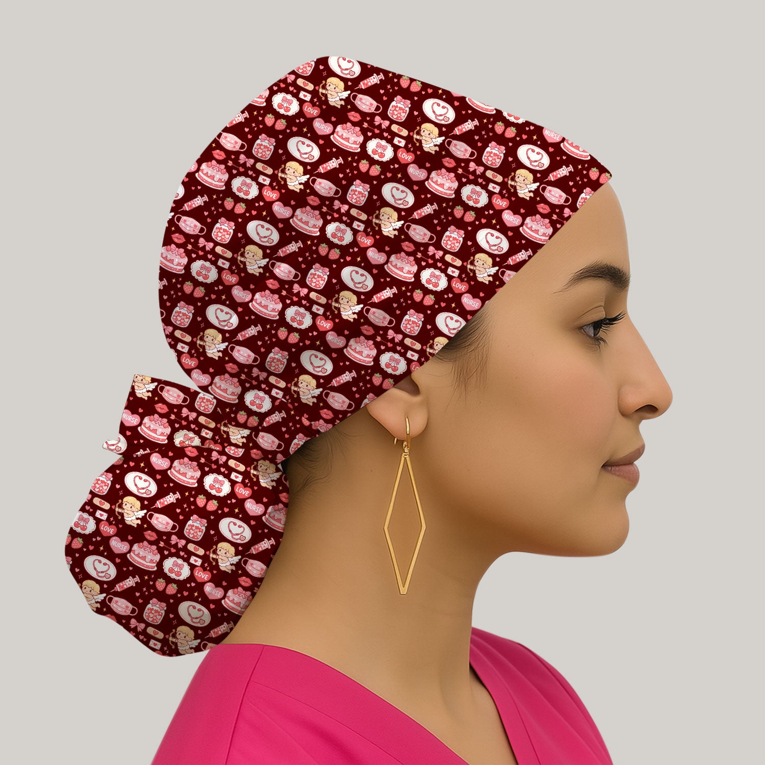 Cupid Nurse Scrub Cap, Cute Love Medical Pattern Hat For Valentine, Breathable Fabrics Nursing Uniform
