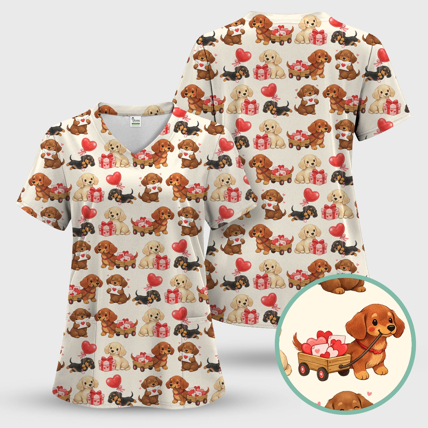 Cute Dachshund Nurse Scrub Top For Nurses, Wiener Dog Pattern Nurse Shirt, Breathable Fabrics Nursing Uniform