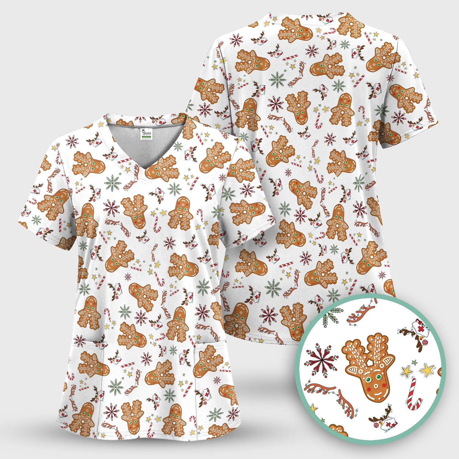 Gingerbread Cookies Reindeer Scrub Top - Funny Christmas Gingerbread Breathable Med Uniform - Comfortable Scrubs for RN CNA LPN