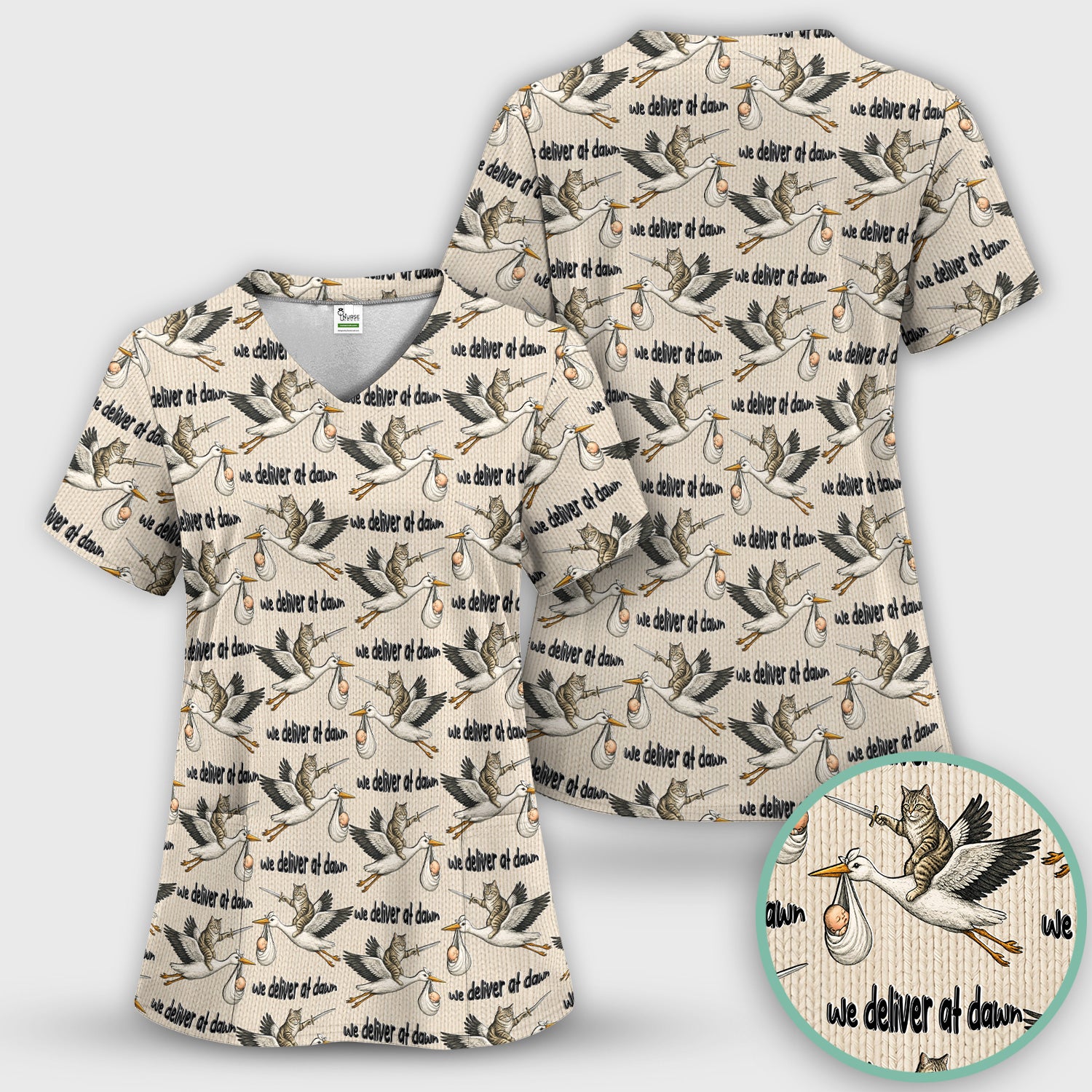 Funny Stork Cat Delivery Pattern Scrub Top, Comfortable Scrubs for Nurses