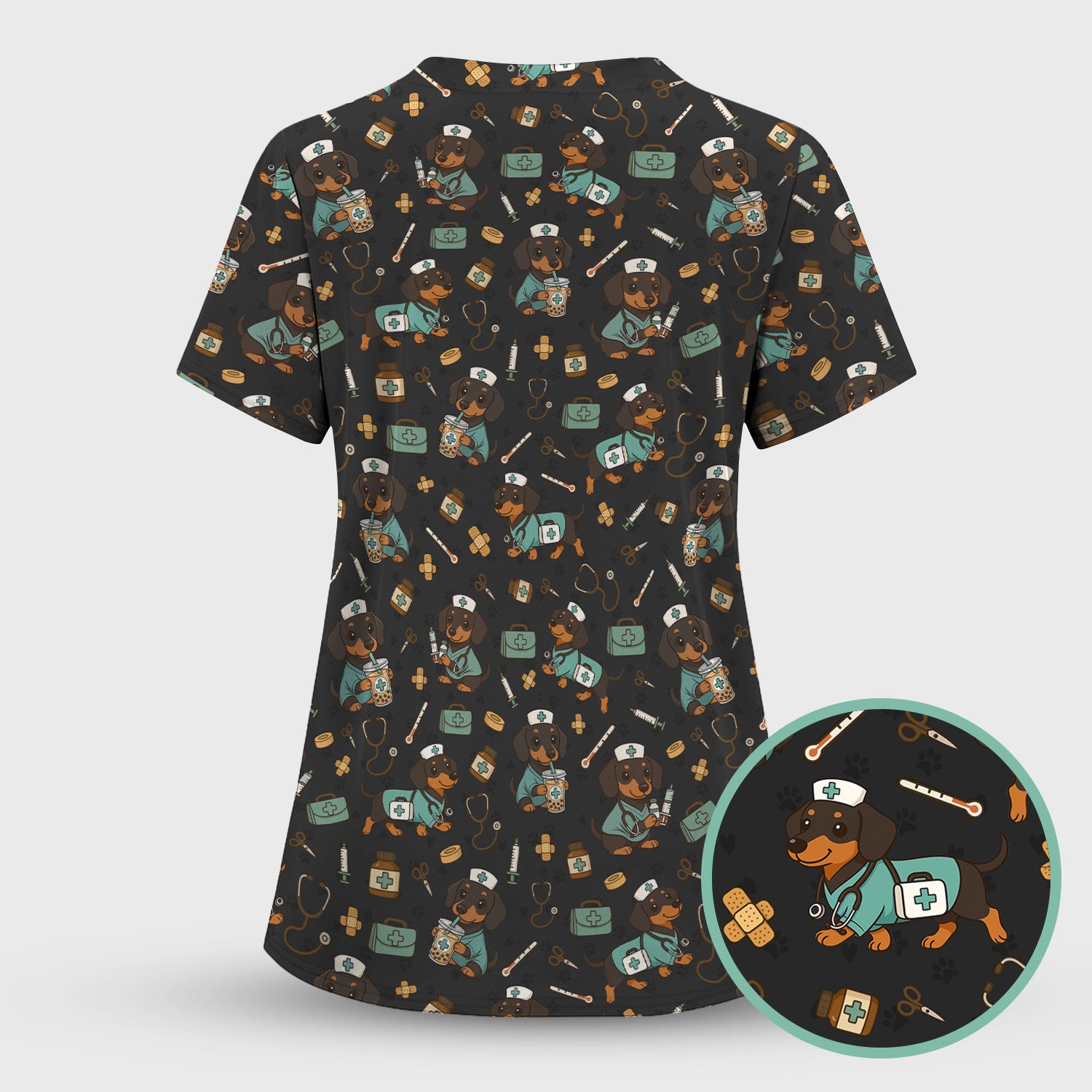 Funny Dachshund Nurse Scrubs - Cute Dog Print Medical Shirt - Holiday Nurse Scrub Top Gift for RN CNA Doctor, Women & Men