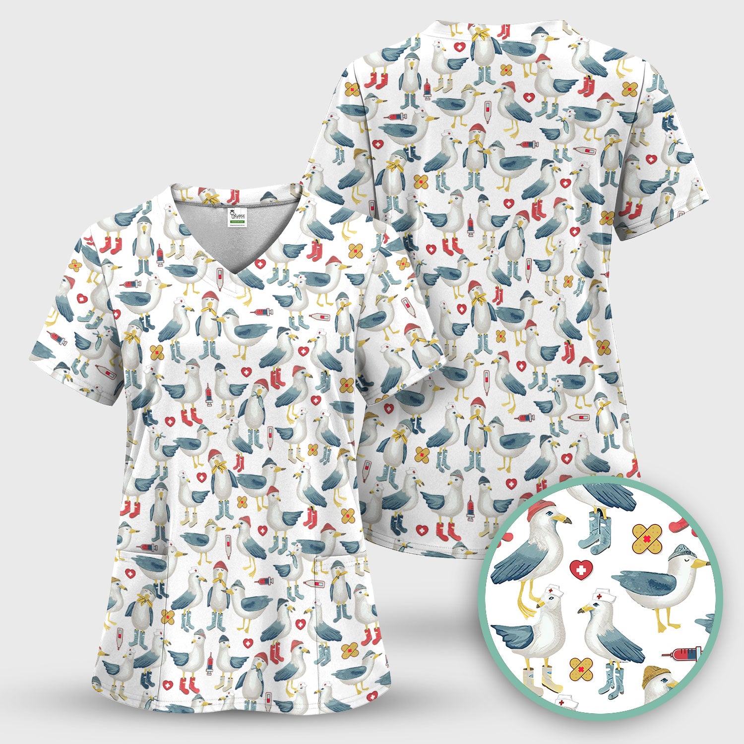 Funny Seagull Nurse Scrub Top - Cute Bird with Medical Icons - Comfortable Scrubs for Women