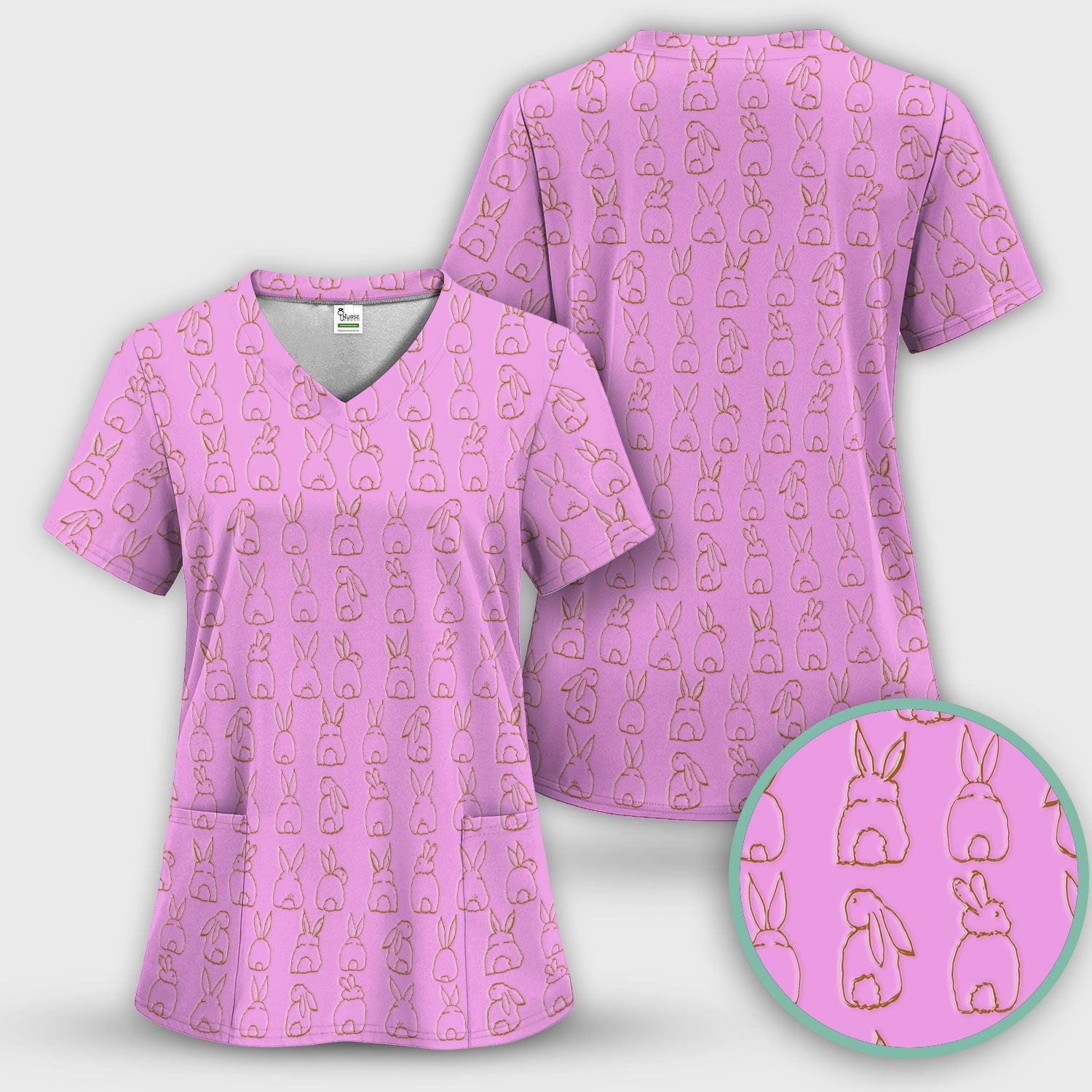 Cartoon Bunny Line Art Pattern Medical Scrub Top, Comfortable Scrubs for Nurses, Easter
