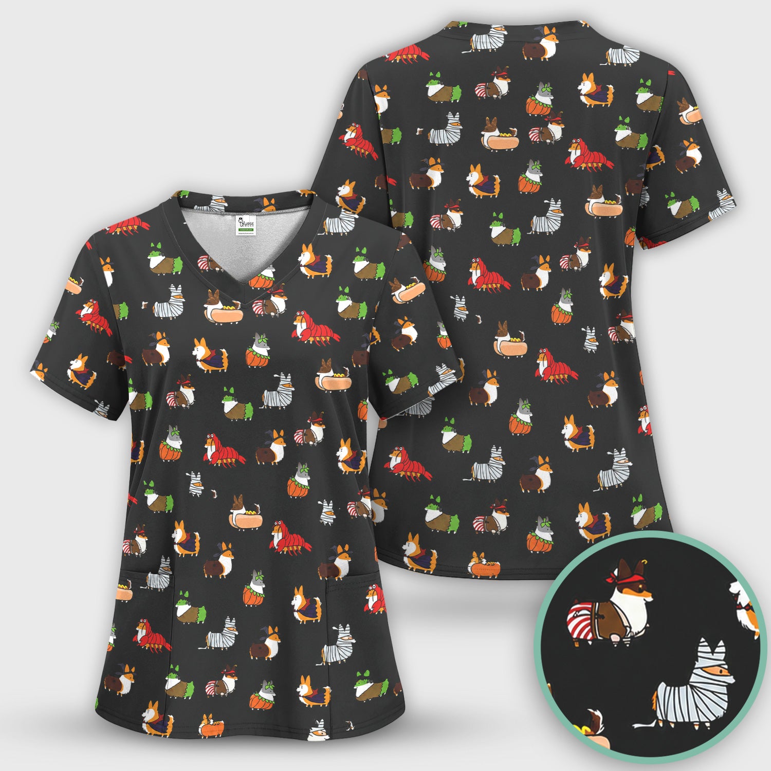 Cute Halloween Costume Corgis Scrub Top, Comfortable Scrubs for Nurses