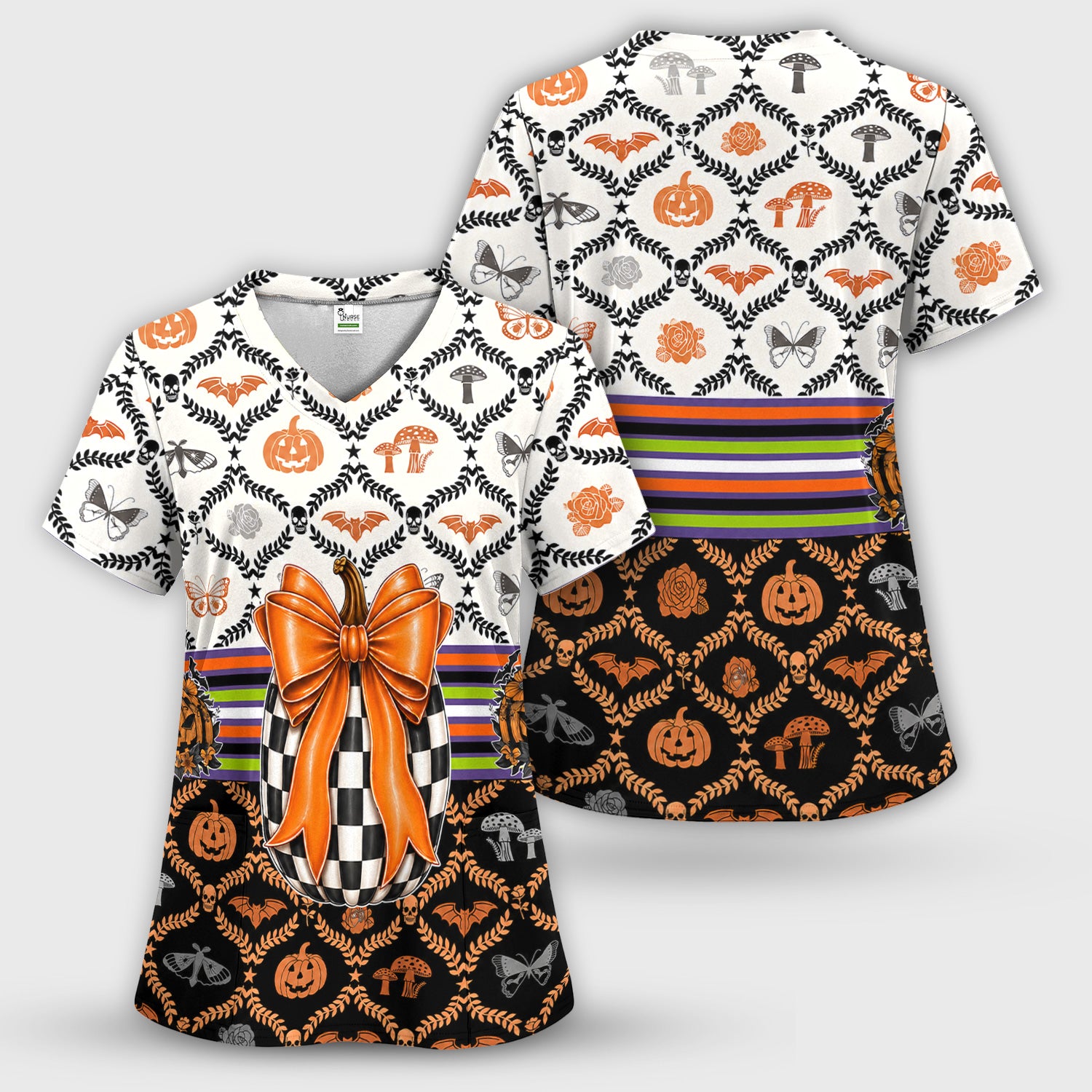 Halloween Checkered Pumpkin With Bow Pattern Scrub Top, Comfortable Scrubs for Nurses
