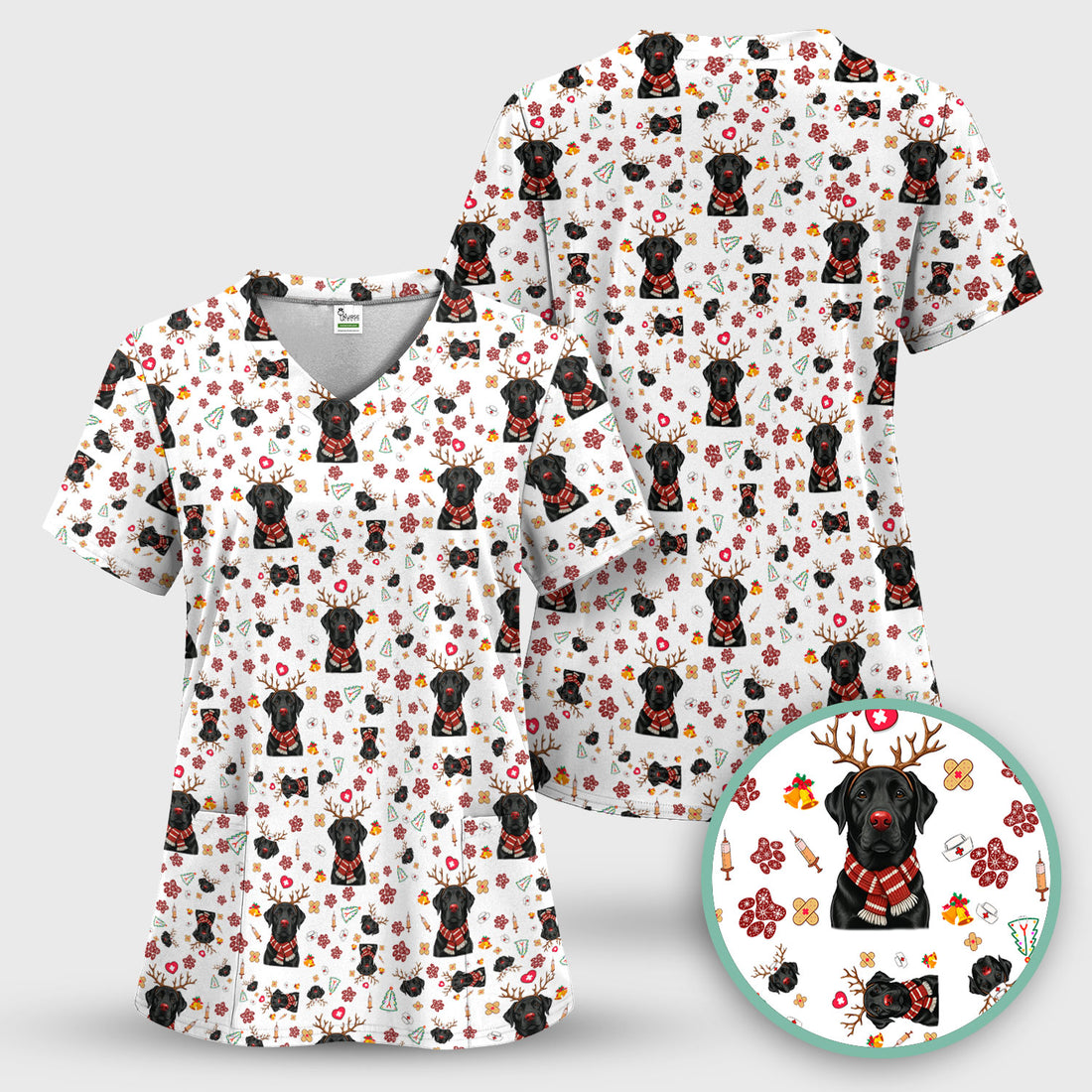 Funny Black Lab Reindeer Scrub Top - Christmas Dog Nurse Shirt - Cute Holiday Medical Uniform Gift for RN LPN CNA