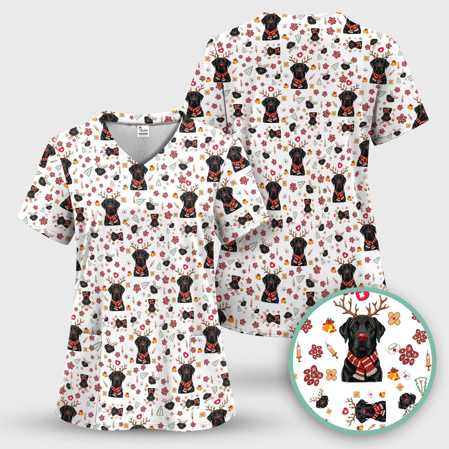 Funny Black Lab Reindeer Scrub Top - Christmas Dog Nurse Shirt - Cute Holiday Medical Uniform Gift for RN LPN CNA