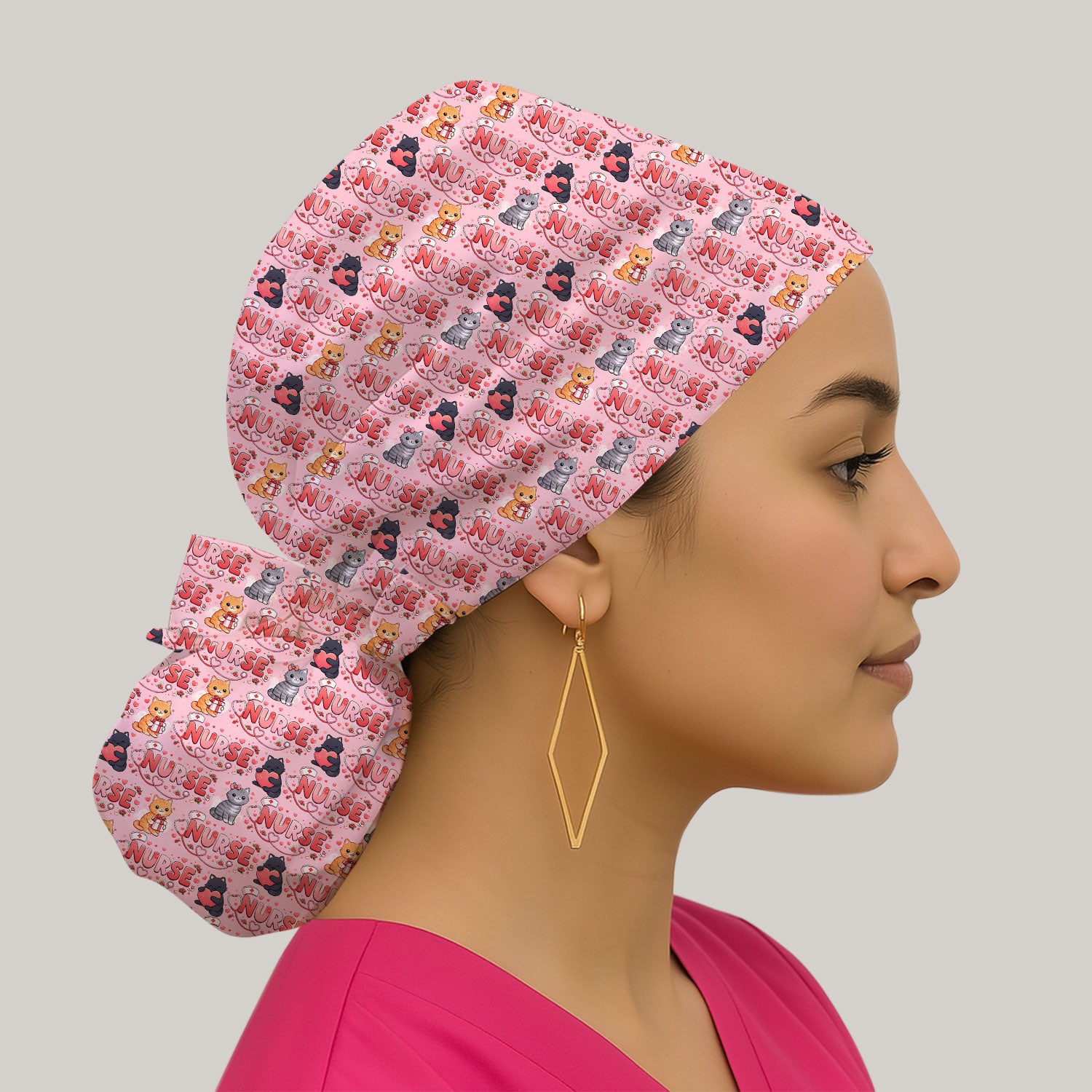 Nurse Cat Heart Pattern Valentine Scrub Cap, Bouffant Scrub Caps for Women