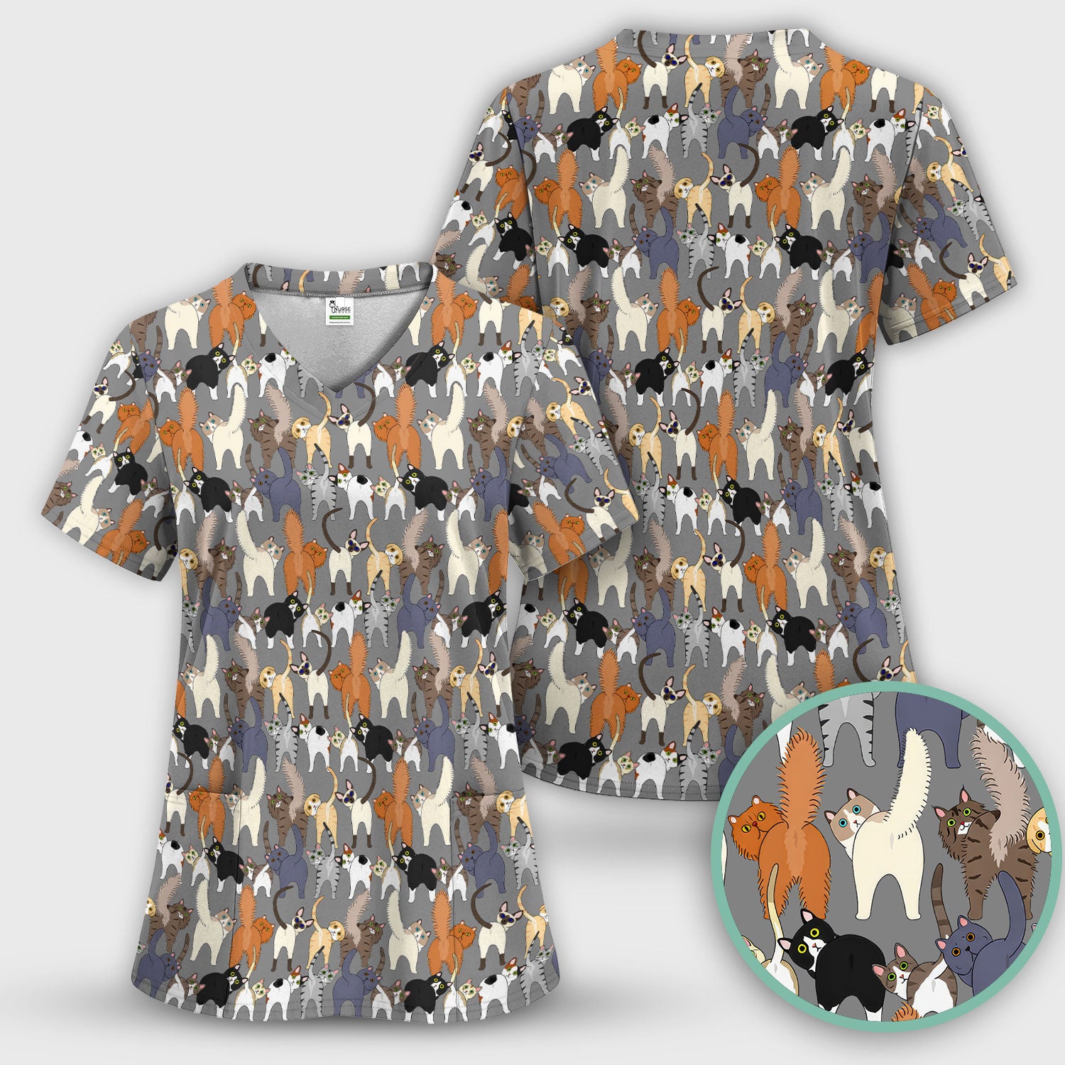 Whimsical Multicolor Cat Cartoon Pattern Scrub Top, Comfortable Scrubs for Nurses