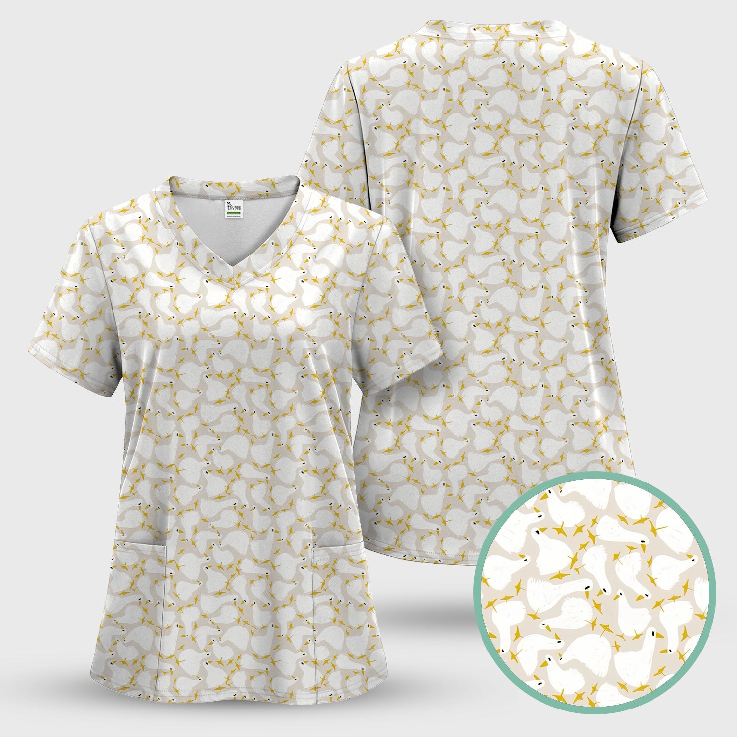 Cute White Goose Yellow Star Pattern Scrub Top, Breathable Fabrics Nursing Uniform