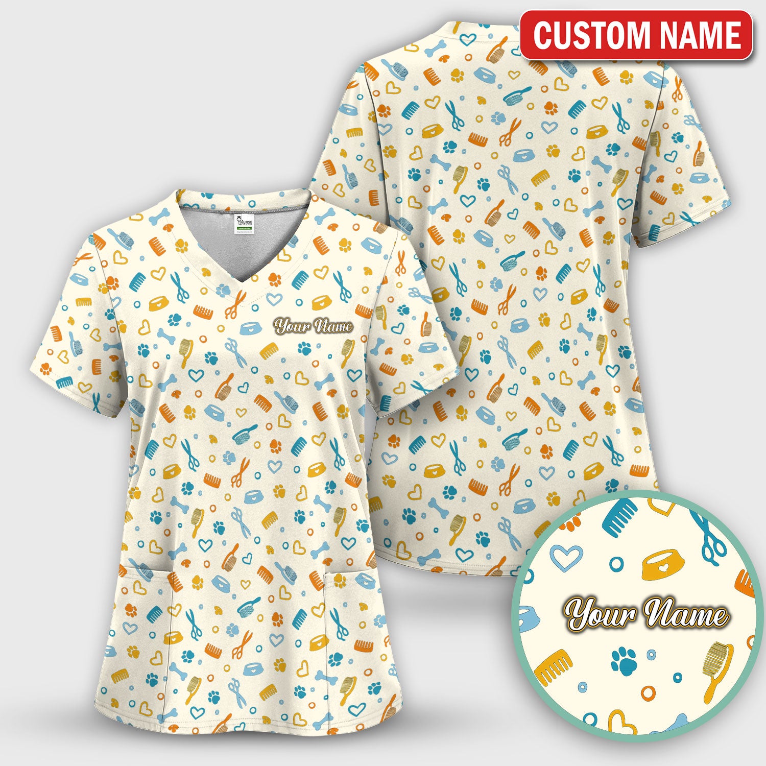 Custom Name Dog Cat Grooming Pattern Scrub Top, Breathable Fabrics Nursing Uniform