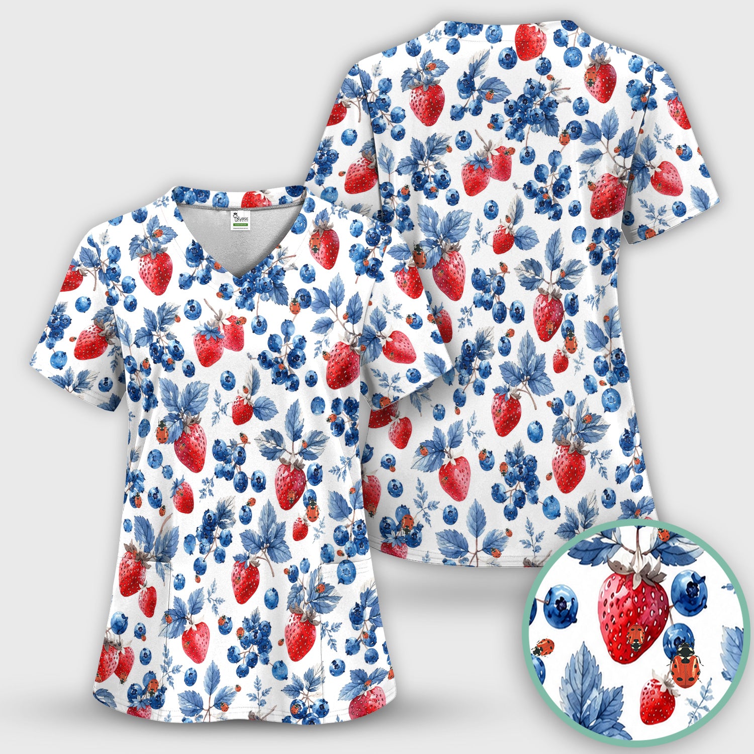 Cute Strawberry Blueberry Ladybug Pattern Scrub Top, Comfortable Scrubs for Nurses