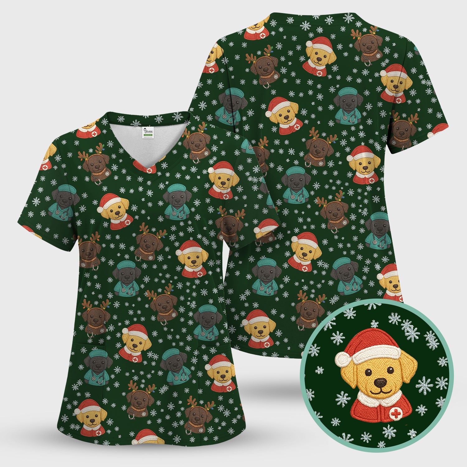 Christmas Dog Pattern Scrub Top, Cute Puppy Nurse Scrub Shirt, Holiday Nursing Uniform