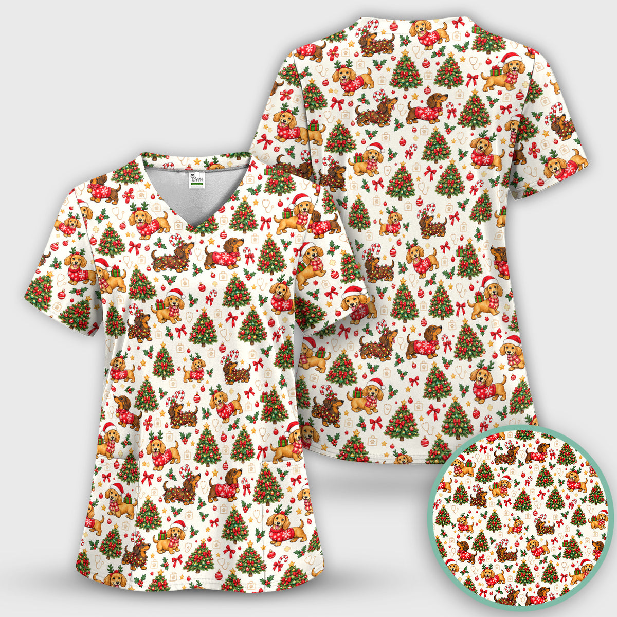 Cute Christmas Dachshund And Tree Pattern Scrub Top, Comfortable Scrubs for Nurses