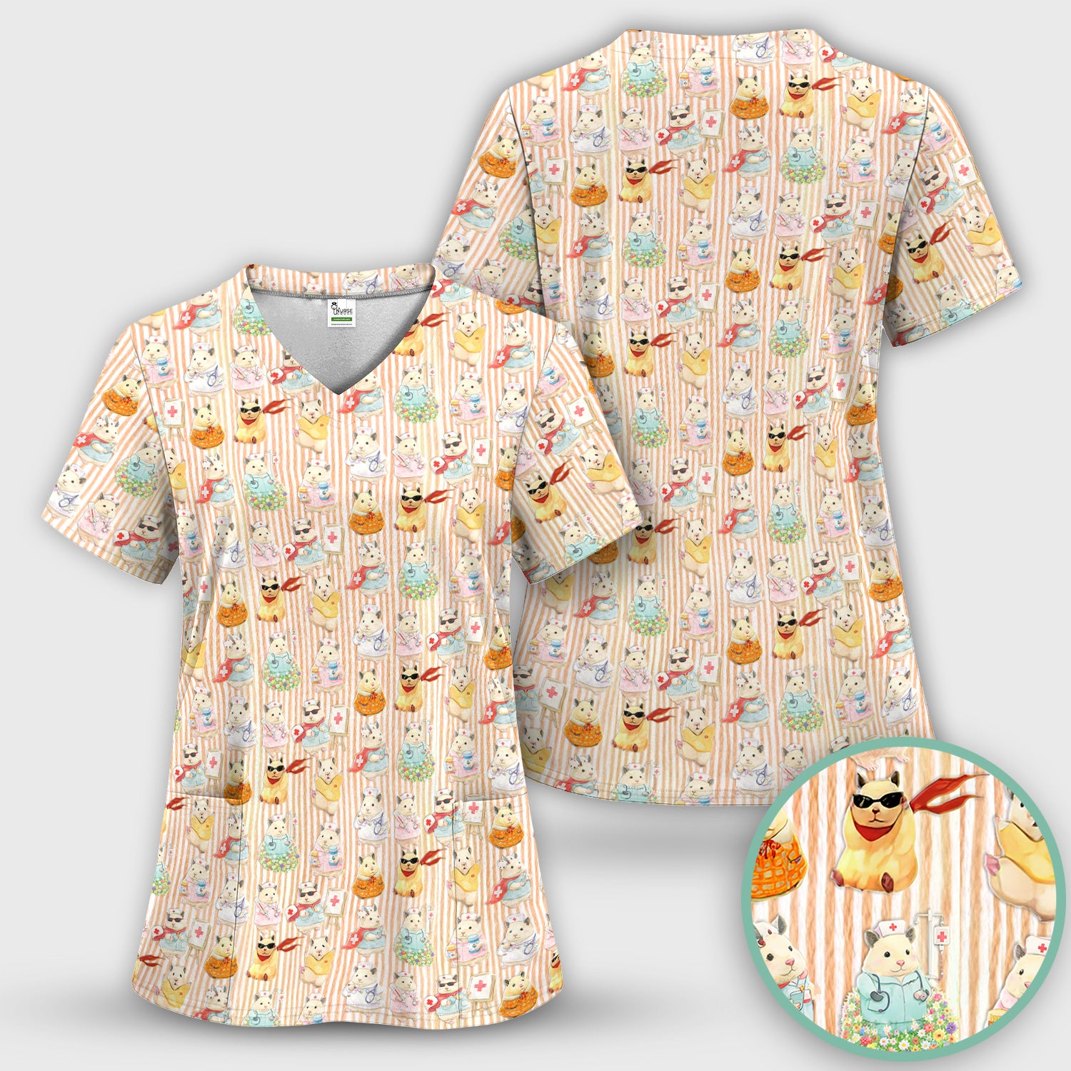 Cute Nurse Hamster Pattern Scrubs Sets, Scrub Pants and V Neck Top