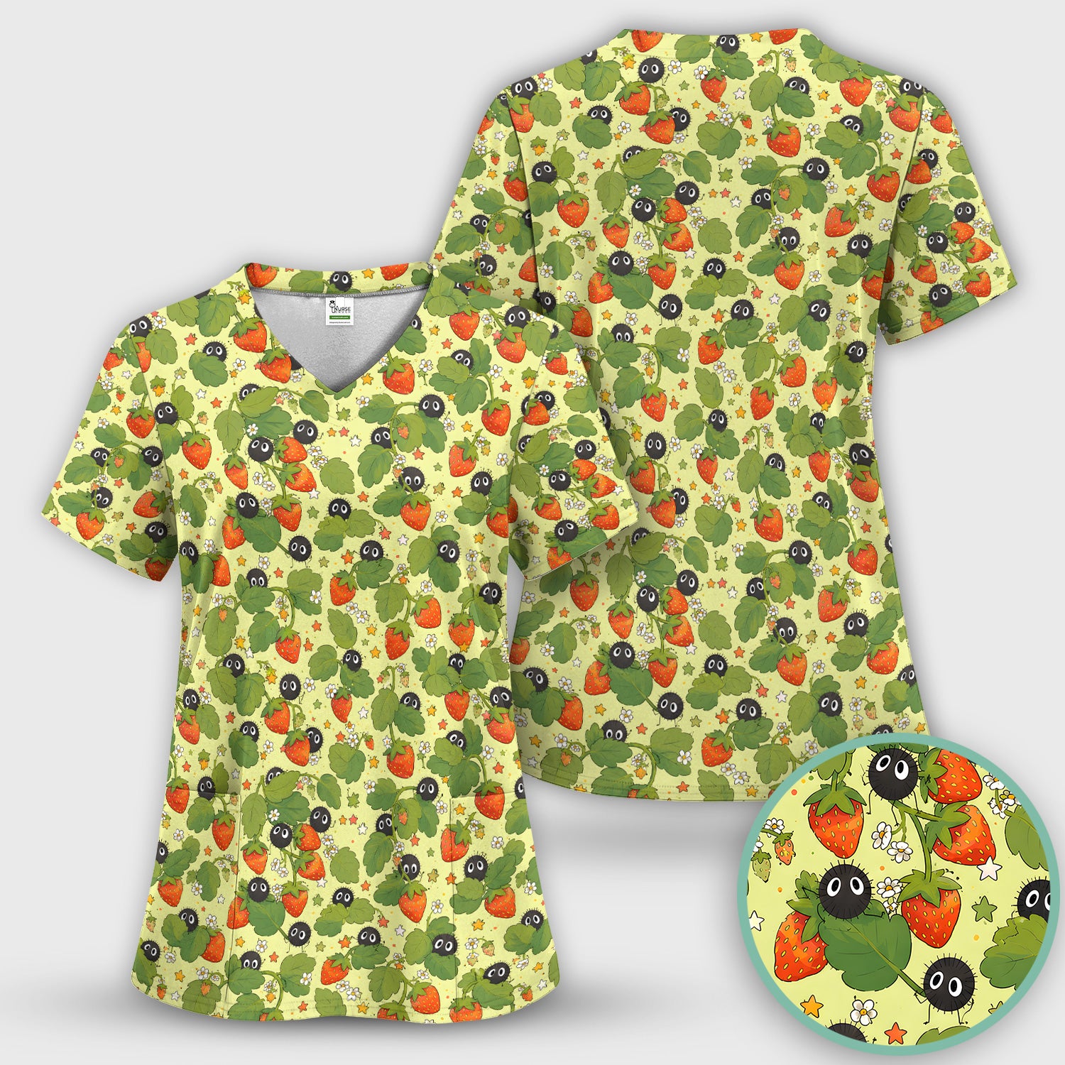 Cute Strawberry Soot Sprite Pattern Scrub Set, Scrub Pants and V Neck Top