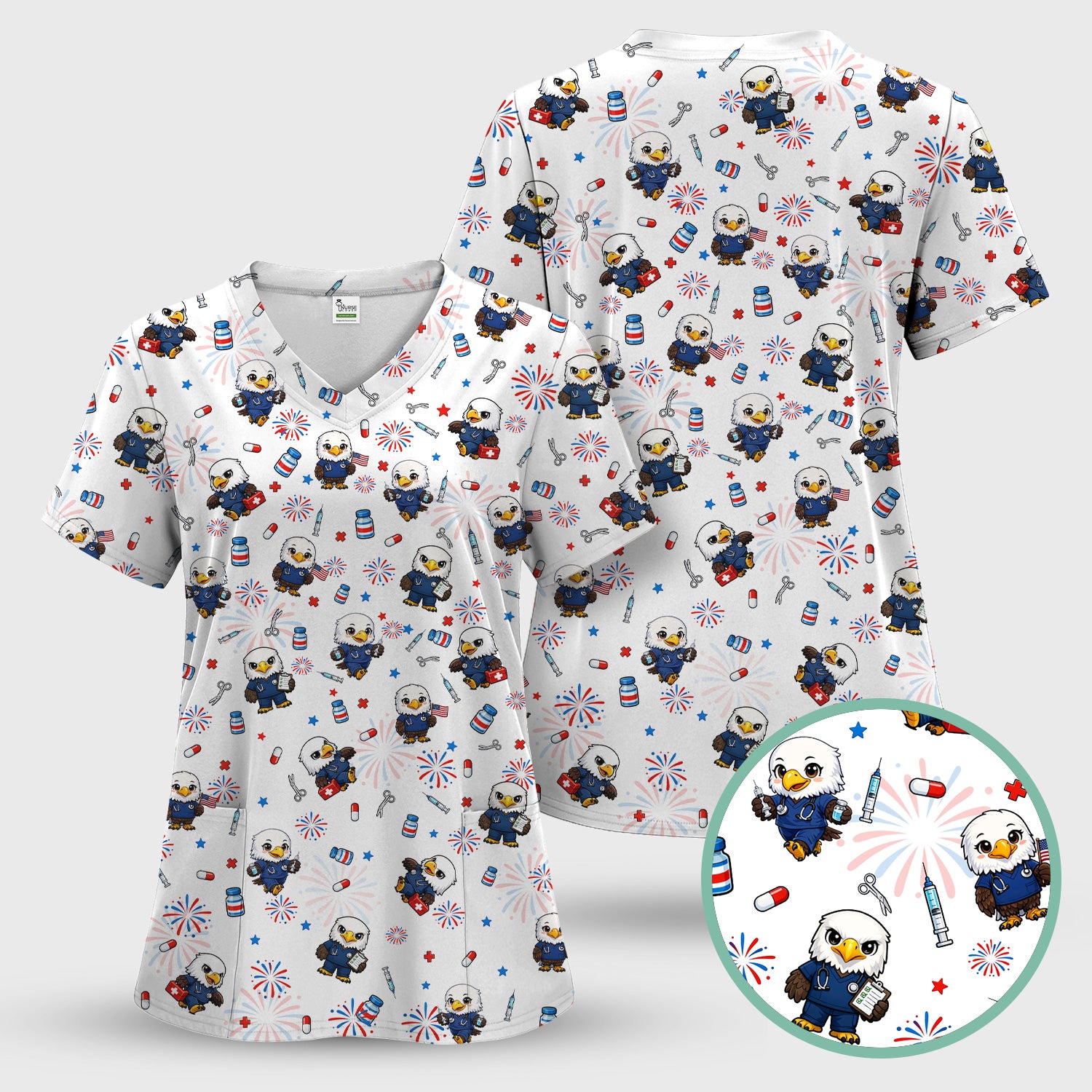 Patriotic Nurse Eagle Fireworks Medical Pattern Scrub Set, Women's Scrub Sets