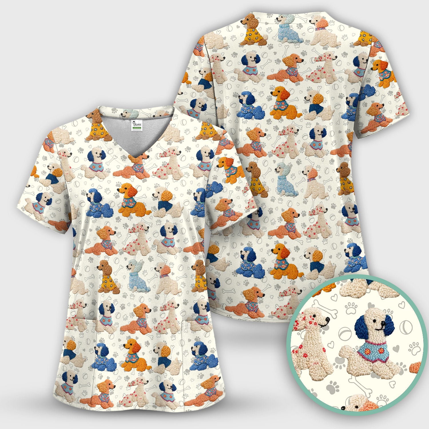 Cute Colorful Poodle Pattern Scrub Top, Comfortable Scrubs for Nurses