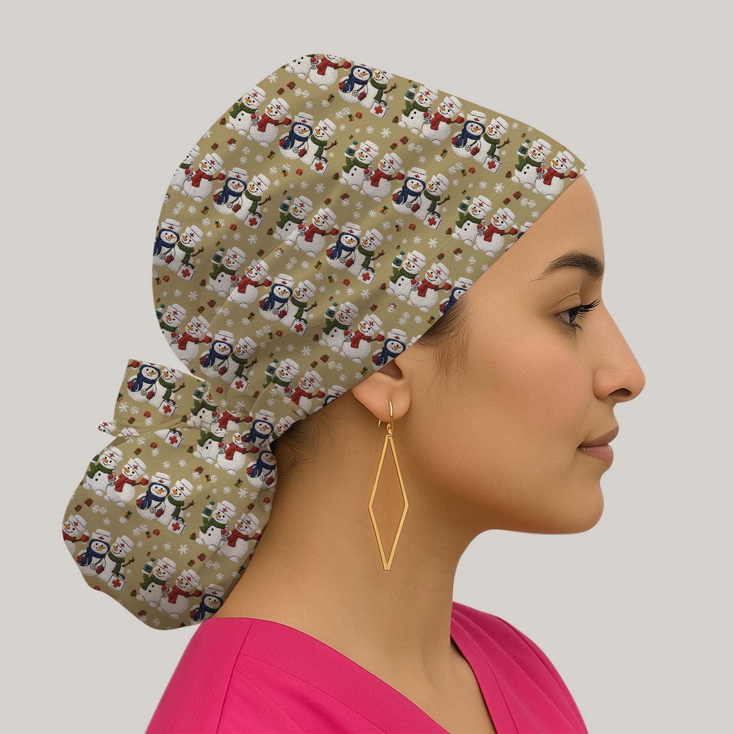 Cute Christmas Snowman Nurse Pattern Print Cap, Bouffant Scrub Caps for Women