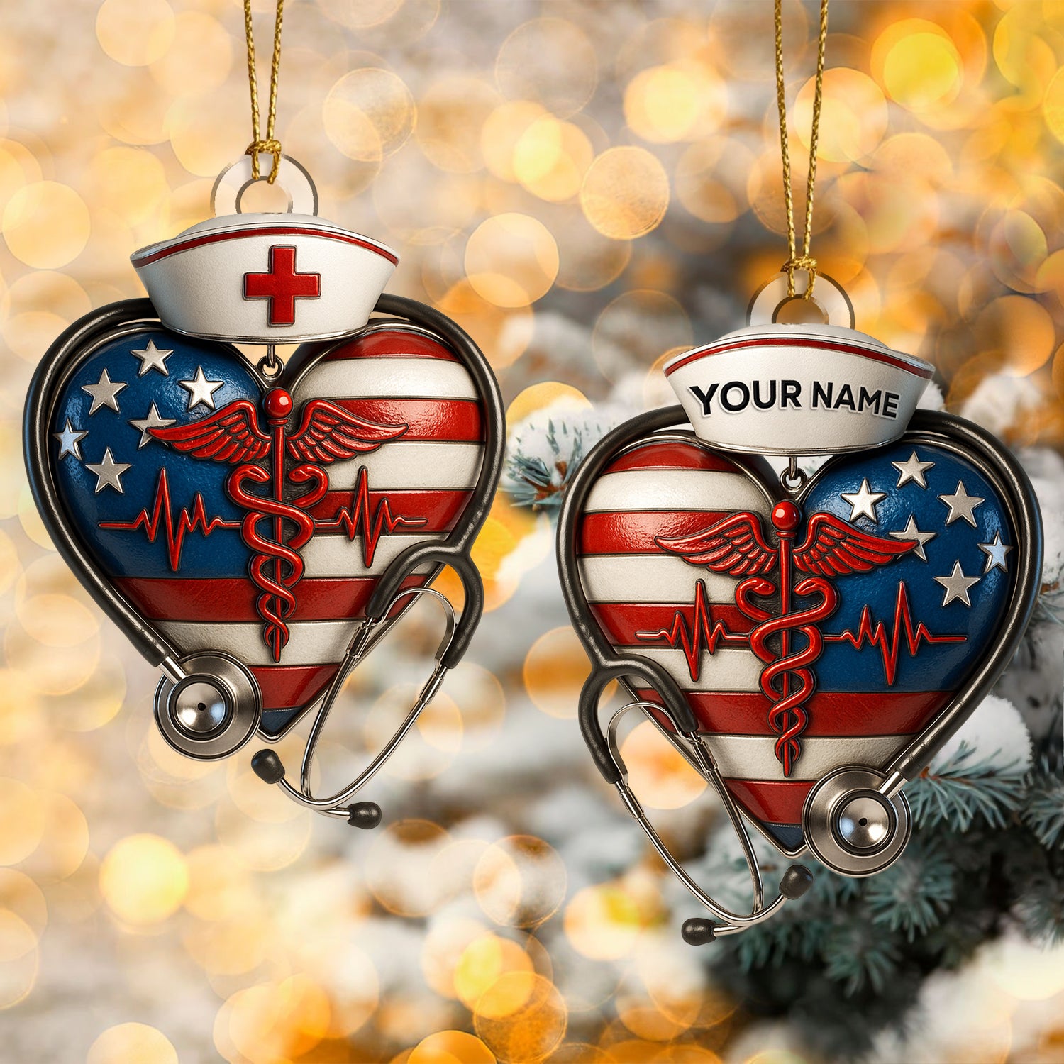 Personalized Nurse Heart Ornament, Custom Name USA Flag Medical Ornament, Healthcare Worker Christmas Tree Decor, Nurse & Doctor Holiday Gift