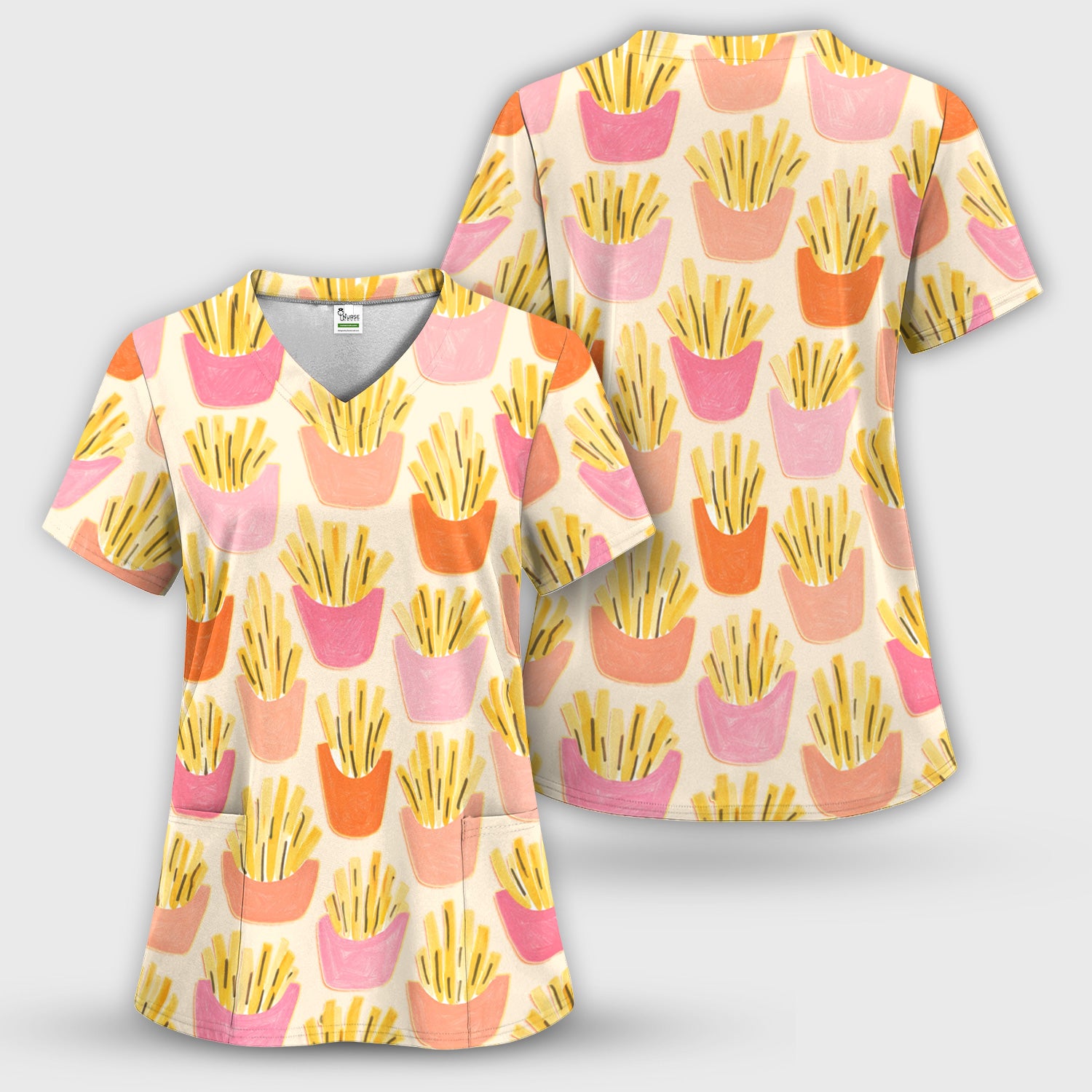 Funny French Fries Snack Food Pattern Scrub Set, Breathable Med Uniform