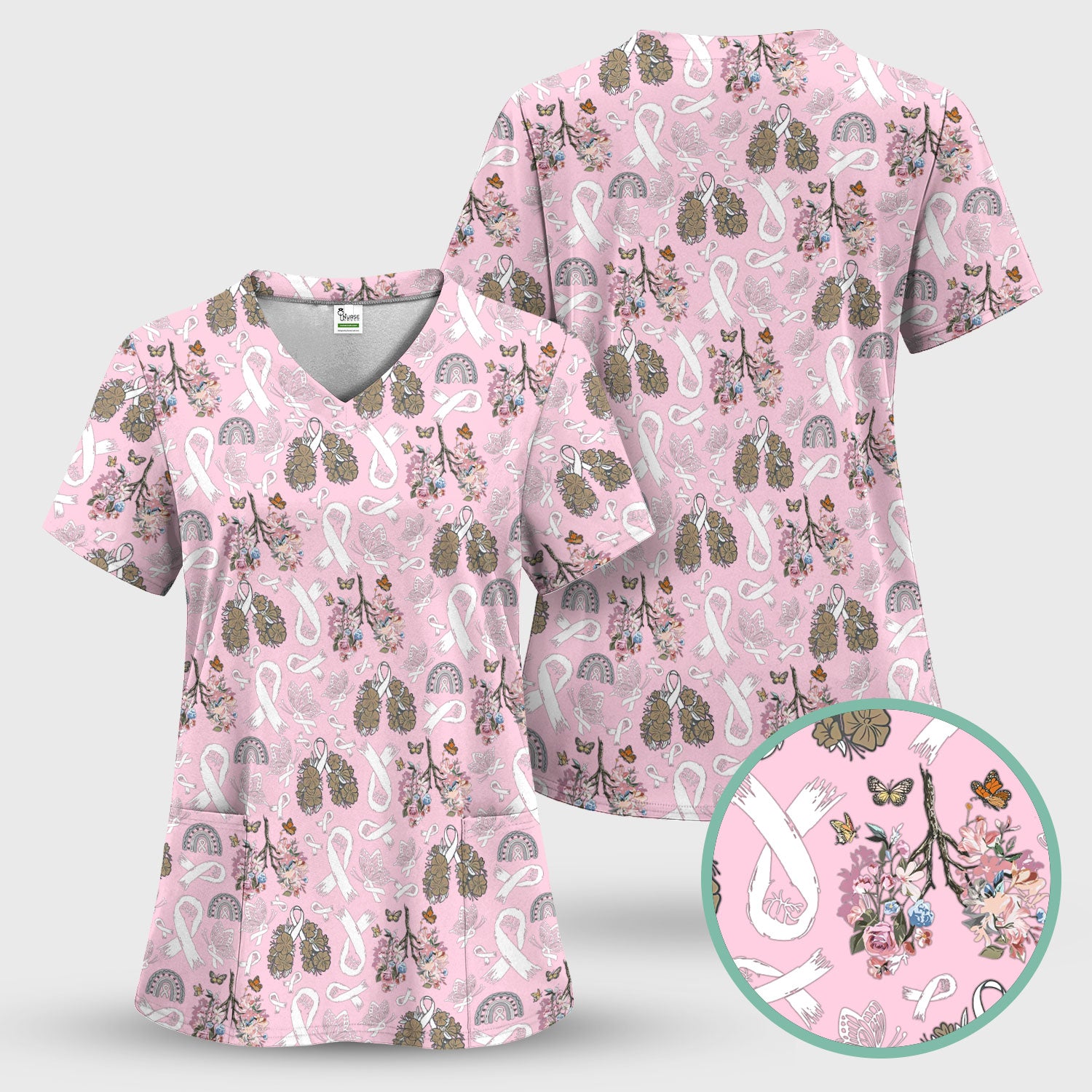 Lung Cancer Awareness Nurse Scrub Top - White Ribbon Butterfly Floral Medical Uniform - Comfortable V-Neck Nursing Shirt Gift