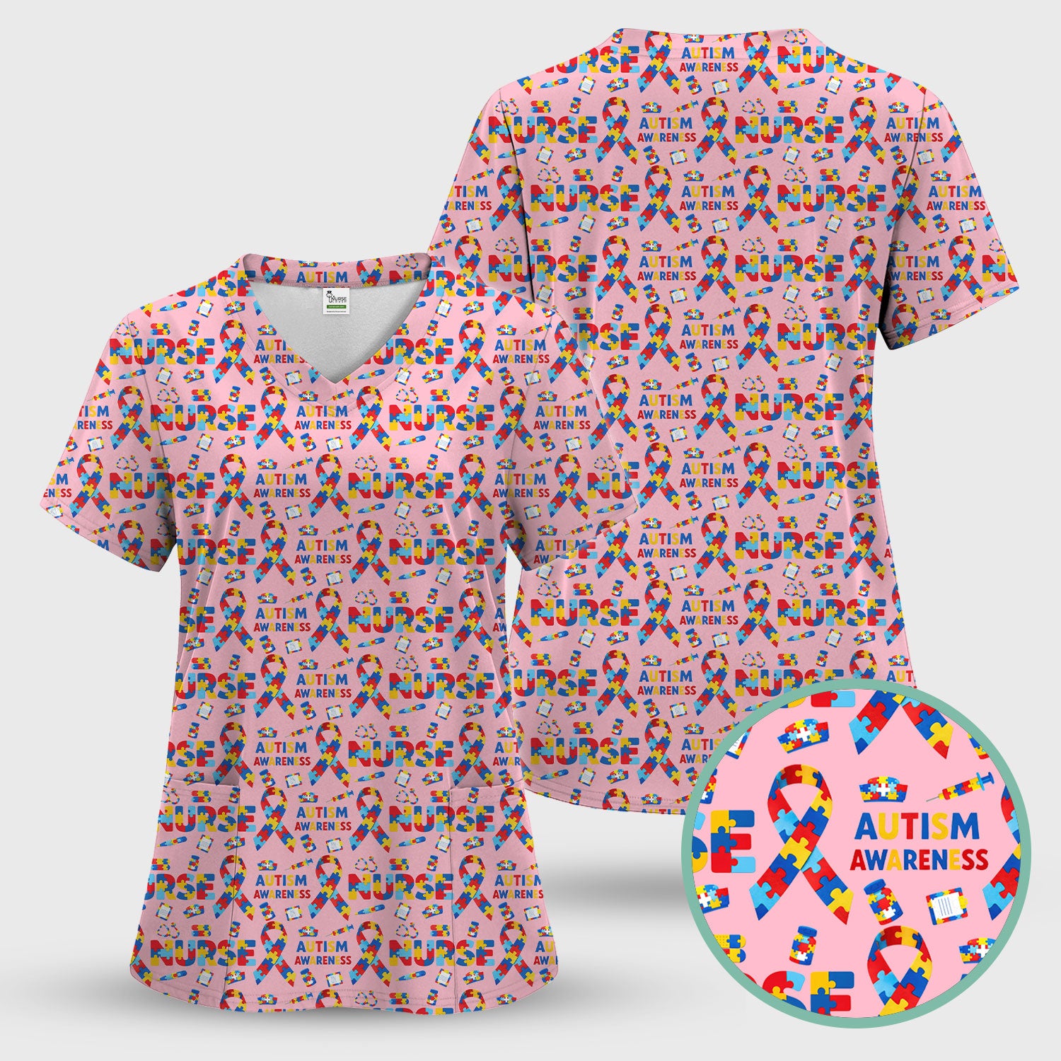 Autism Awareness Nurse Puzzle Ribbon Print Scrubs, Comfortable Scrubs for Nurses