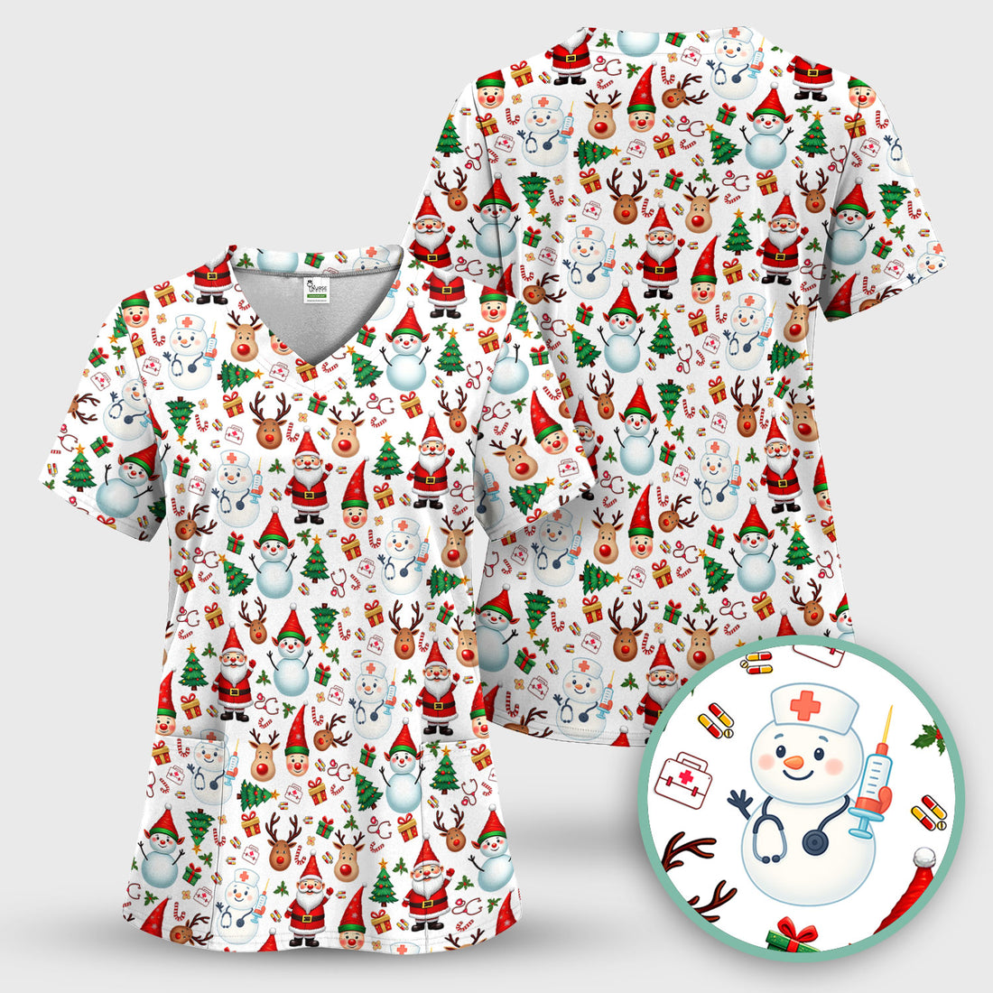 Christmas Nurse Scrub Top - Cute Snowman Santa Reindeer Pattern Medical Shirt - Festive Holiday Scrubs for Women RN CNA LPN