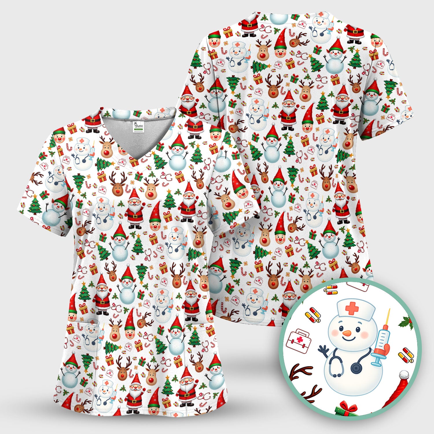 Christmas Nurse Scrub Top - Cute Snowman Santa Reindeer Pattern Medical Shirt - Festive Holiday Scrubs for Women RN CNA LPN