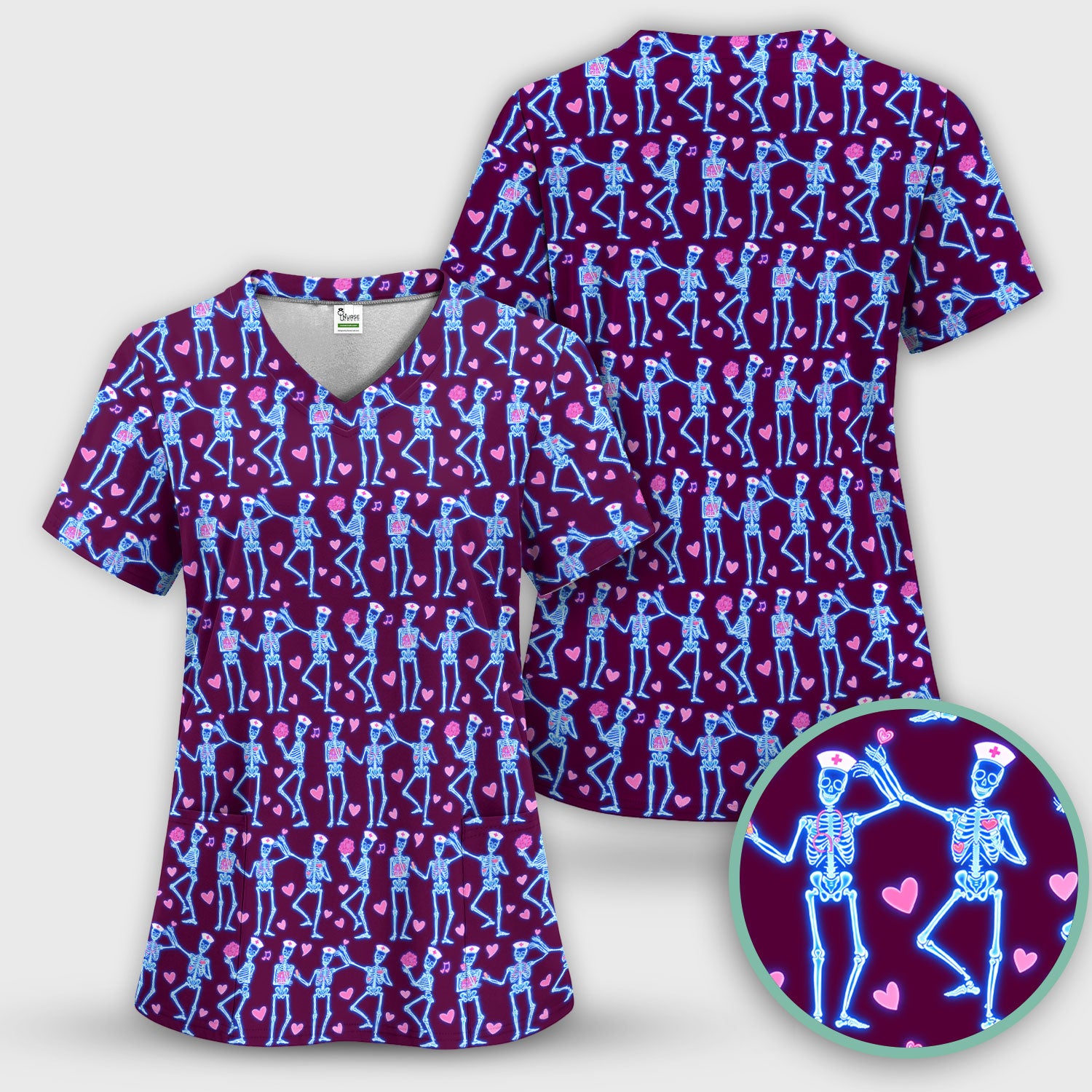 Skeleton Nurse Heart Pattern Scrub Sets, Playful Nurse Style, Scrub Pants and V Neck Top