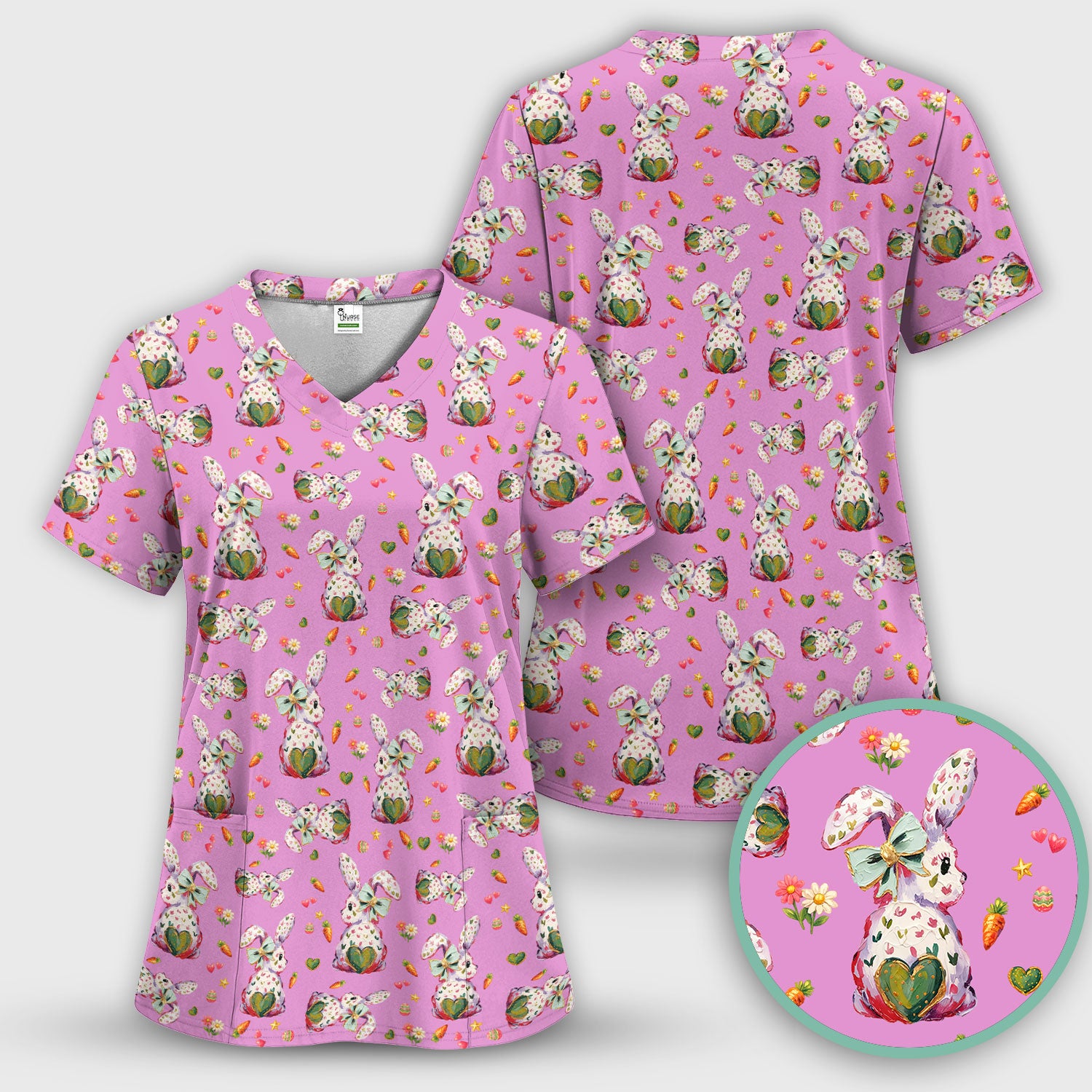 Cute Pastel Bunny Easter Pattern Scrub Top, Comfortable Scrubs for Nurses