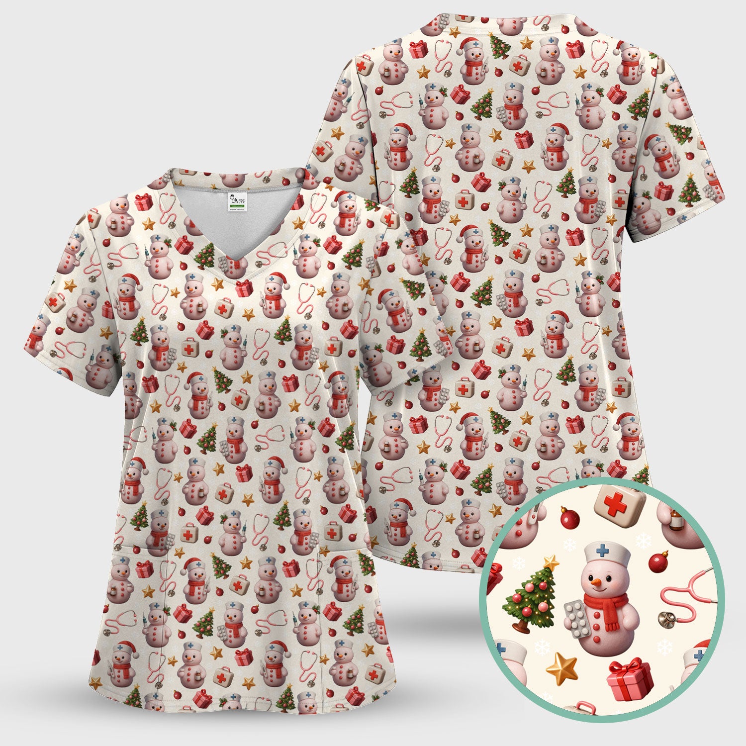Snowman Pattern Christmas Scrub Set - Cute Holiday Medical Scrubs for Women - Funny Festive Nurse Gift for RN LPN CNA