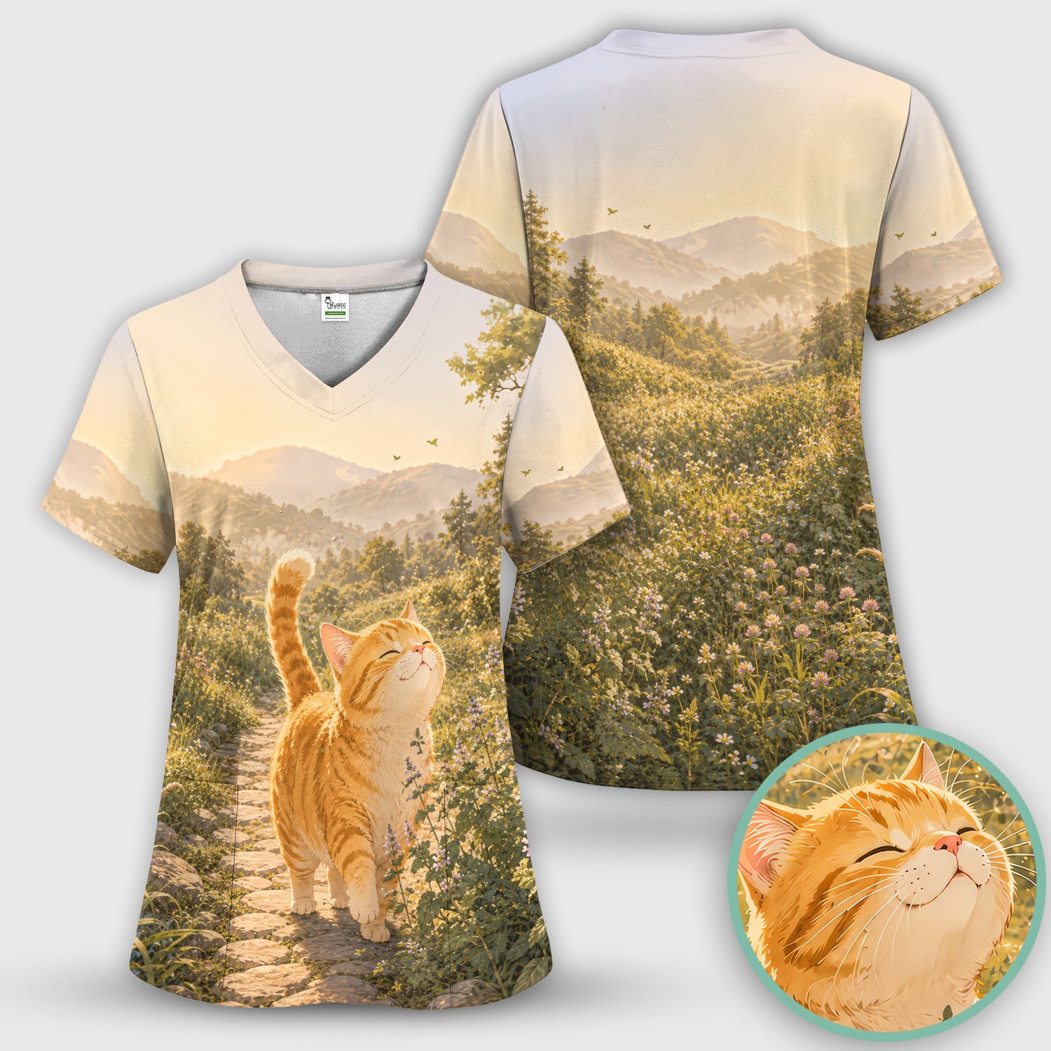 Sunny Mountain Cat Nurse, Nature Lover Medical Scrub Top, Comfortable Scrubs for Nurses