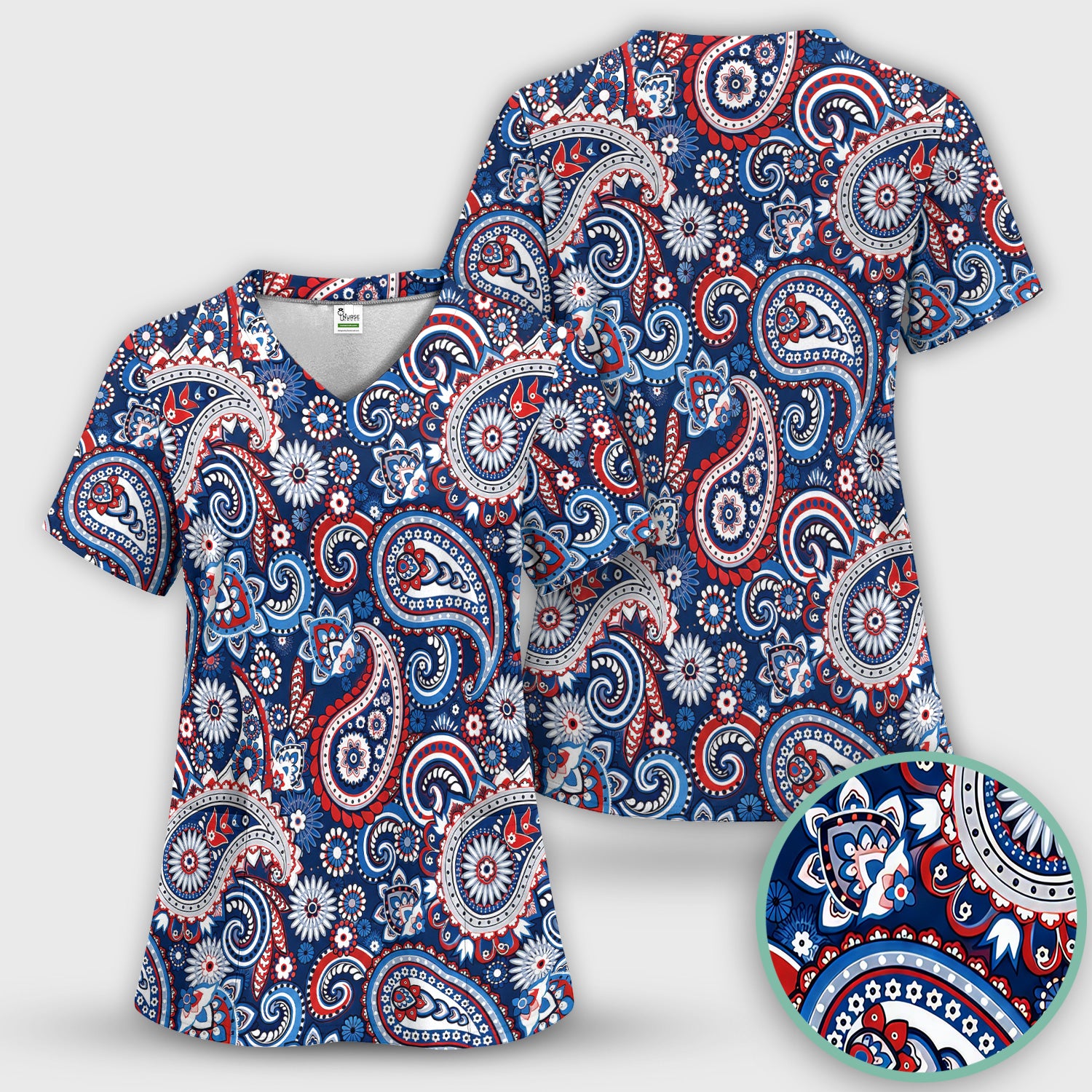 Patriotic Red White Blue Paisley Pattern Scrub Top, Comfortable Scrubs for Nurses