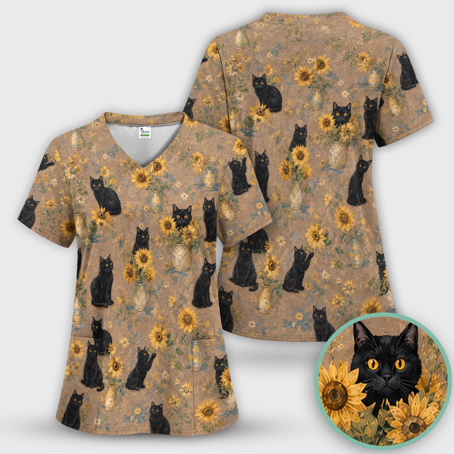 Rustic Sunflower Black Cat Print Scrub Top, Comfortable Scrubs for Nurses