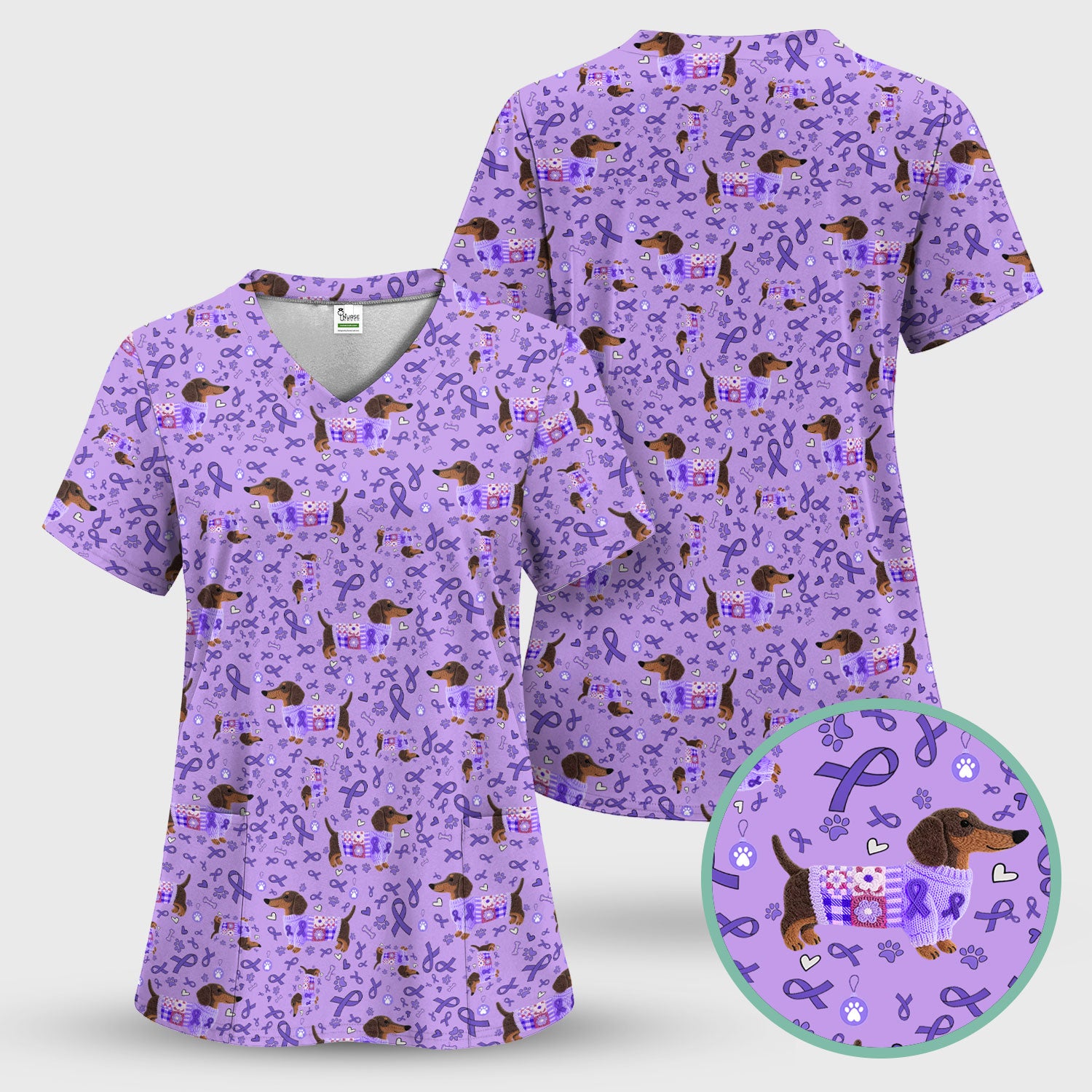Wiener Dog Purple Ribbon Cancer Awareness Scrub - Breathable Fabrics Nursing Uniform - Comfortable Scrubs for Nurses